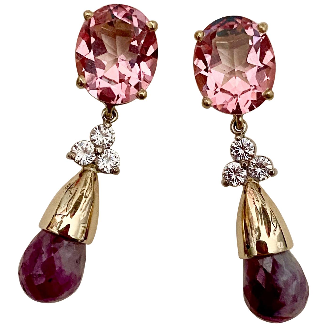 Michael Kneebone Pink Topaz Diamond Ruby in Quartz Briolette Dangle Earrings