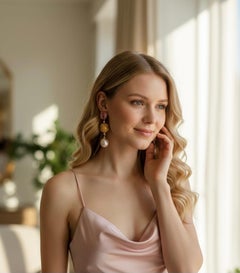 Michael Kneebone Pink Topaz Granulated Bead Diamond Pearl Dangle Earrings