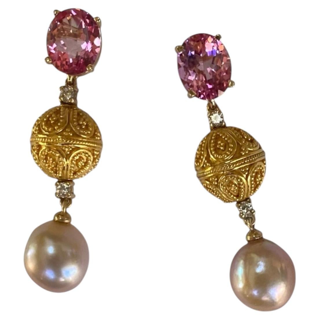 Michael Kneebone Pink Topaz Granulated Bead Diamond Pearl Dangle Earrings