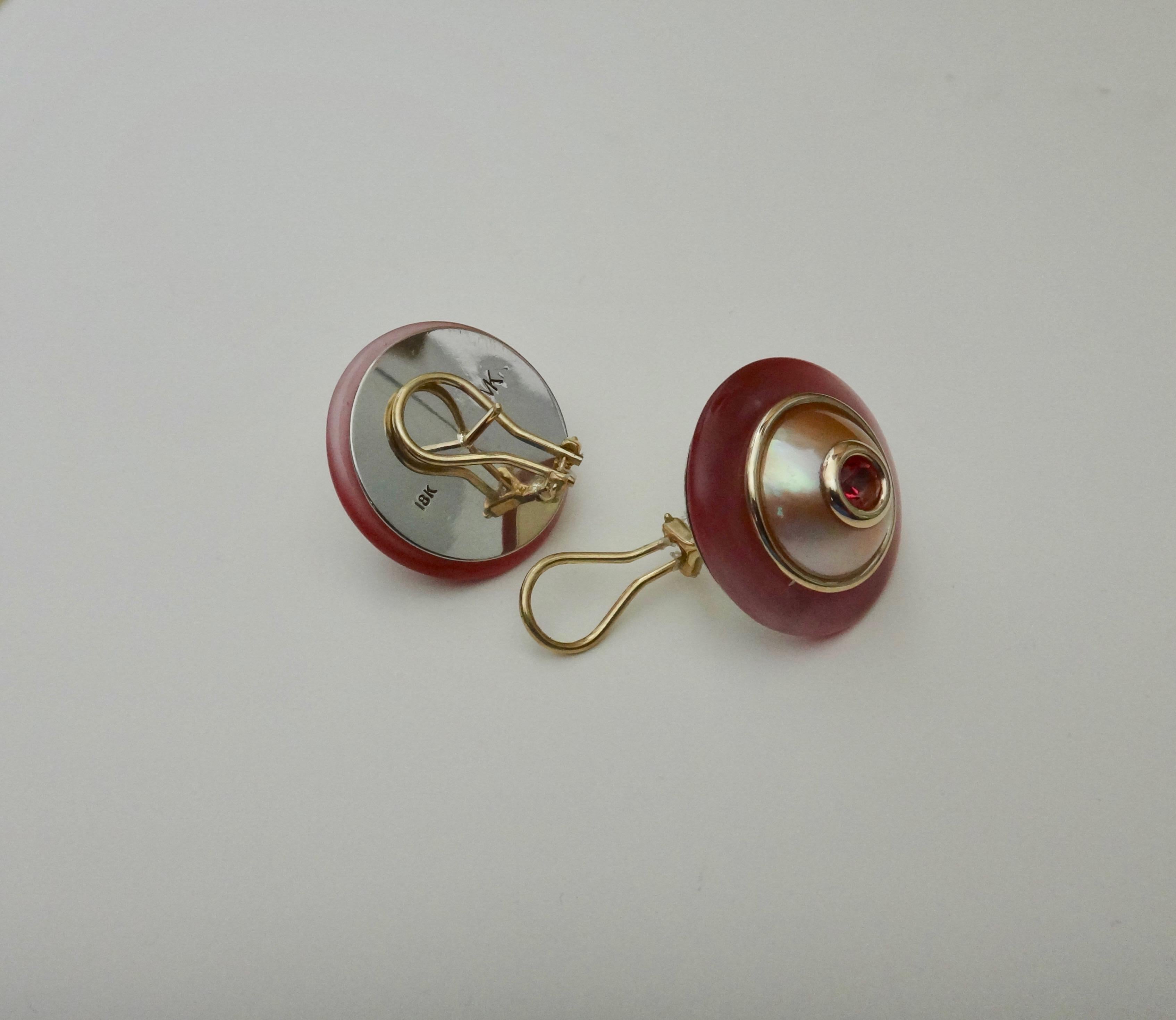 Women's Michael Kneebone Pink Topaz Mabe Pearl Fluorite 18 Karat Gold Button Earrings