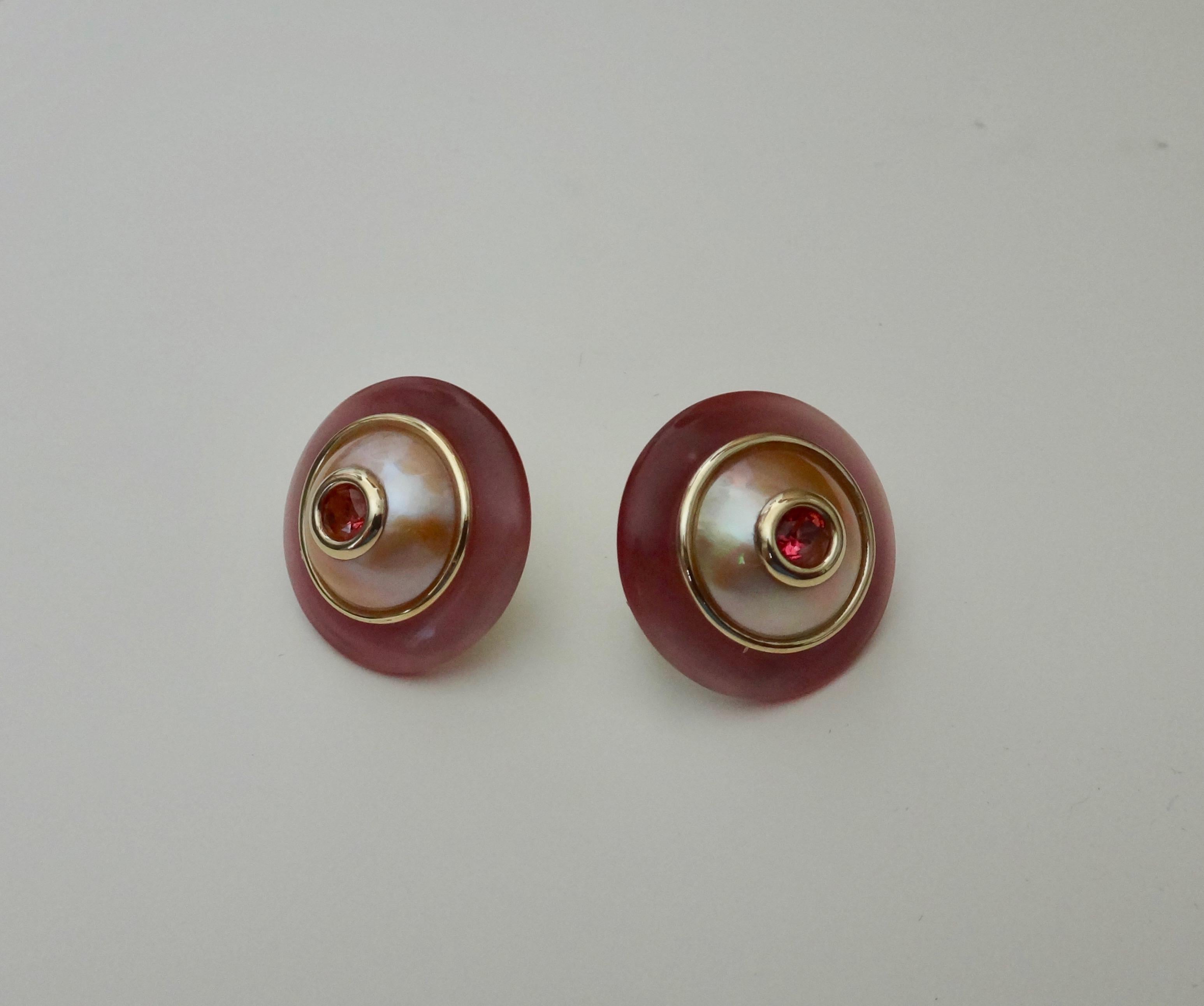 Michael Kneebone Pink Topaz Mabe Pearl Fluorite 18 Karat Gold Button Earrings 1