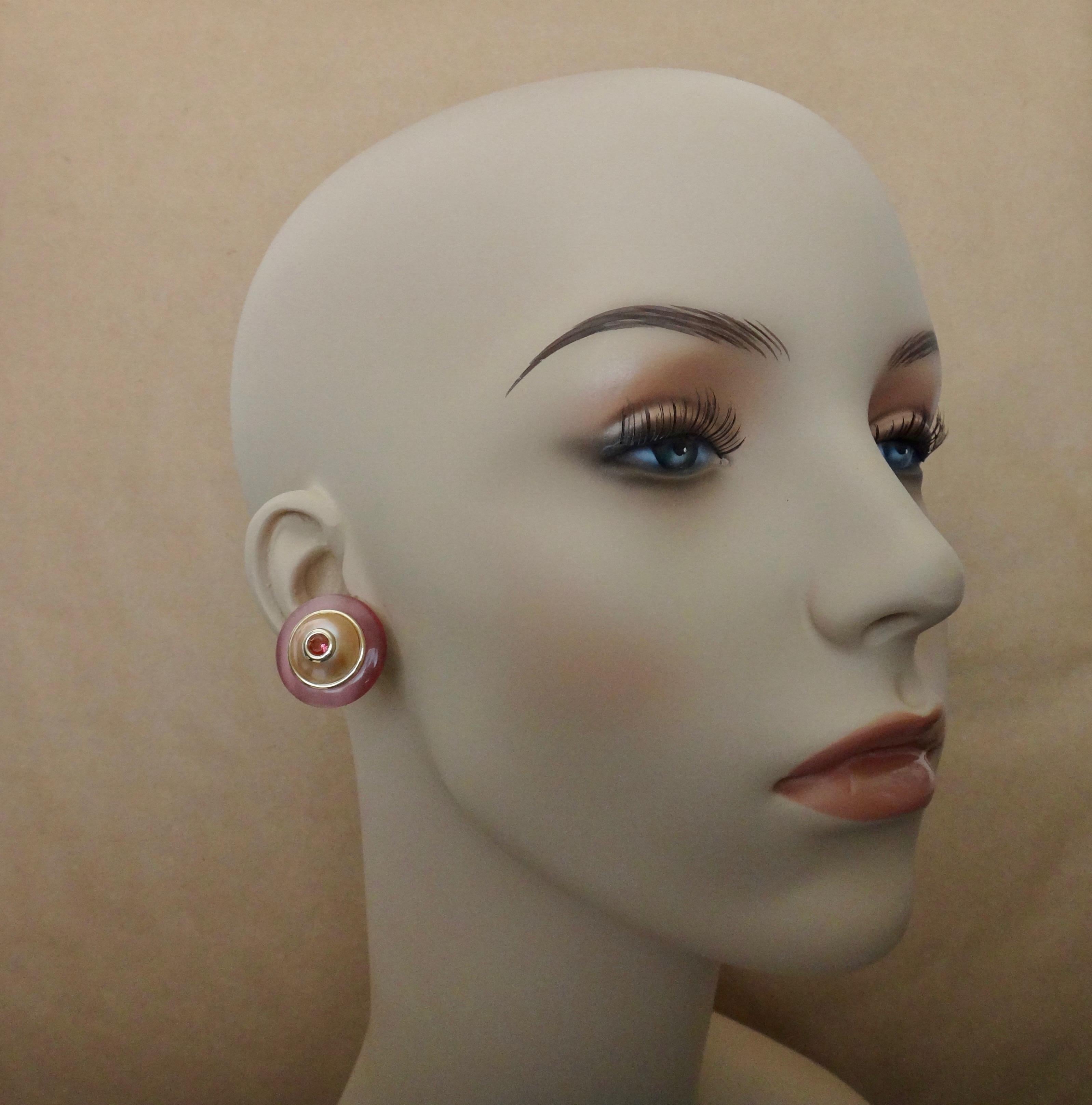 Michael Kneebone Pink Topaz Mabe Pearl Fluorite 18 Karat Gold Button Earrings 2