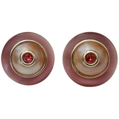 Michael Kneebone Pink Topaz Mabe Pearl Fluorite 18 Karat Gold Button Earrings