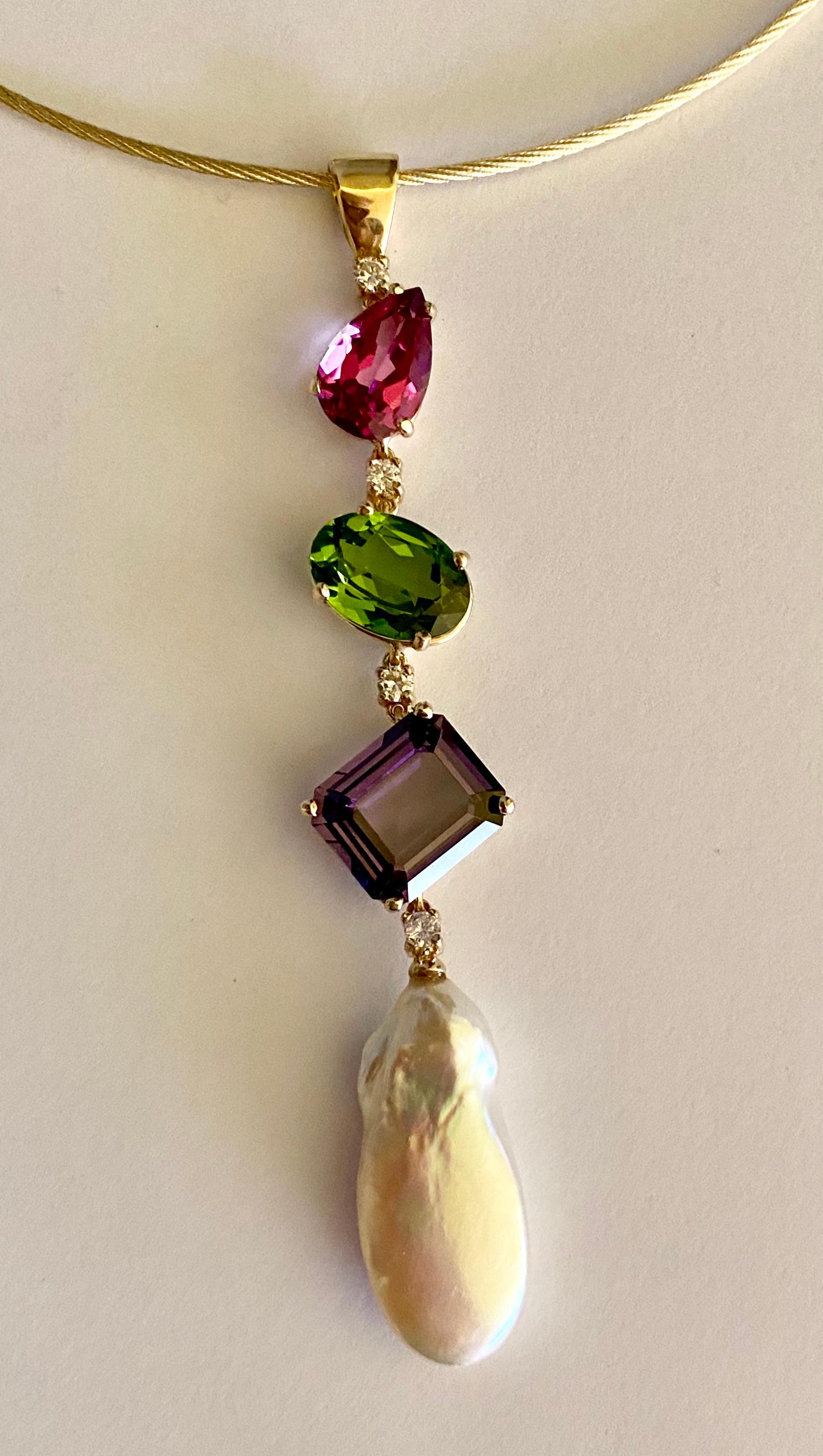 Michael Kneebone Pink Topaz Peridot Amethyst Diamond Pearl Stiletto Pendant For Sale 3