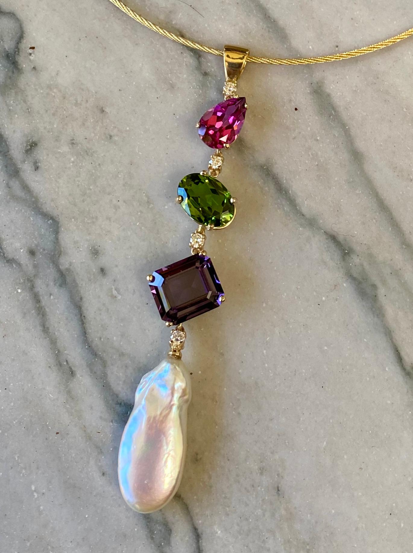 Contemporary Michael Kneebone Pink Topaz Peridot Amethyst Diamond Pearl Stiletto Pendant For Sale