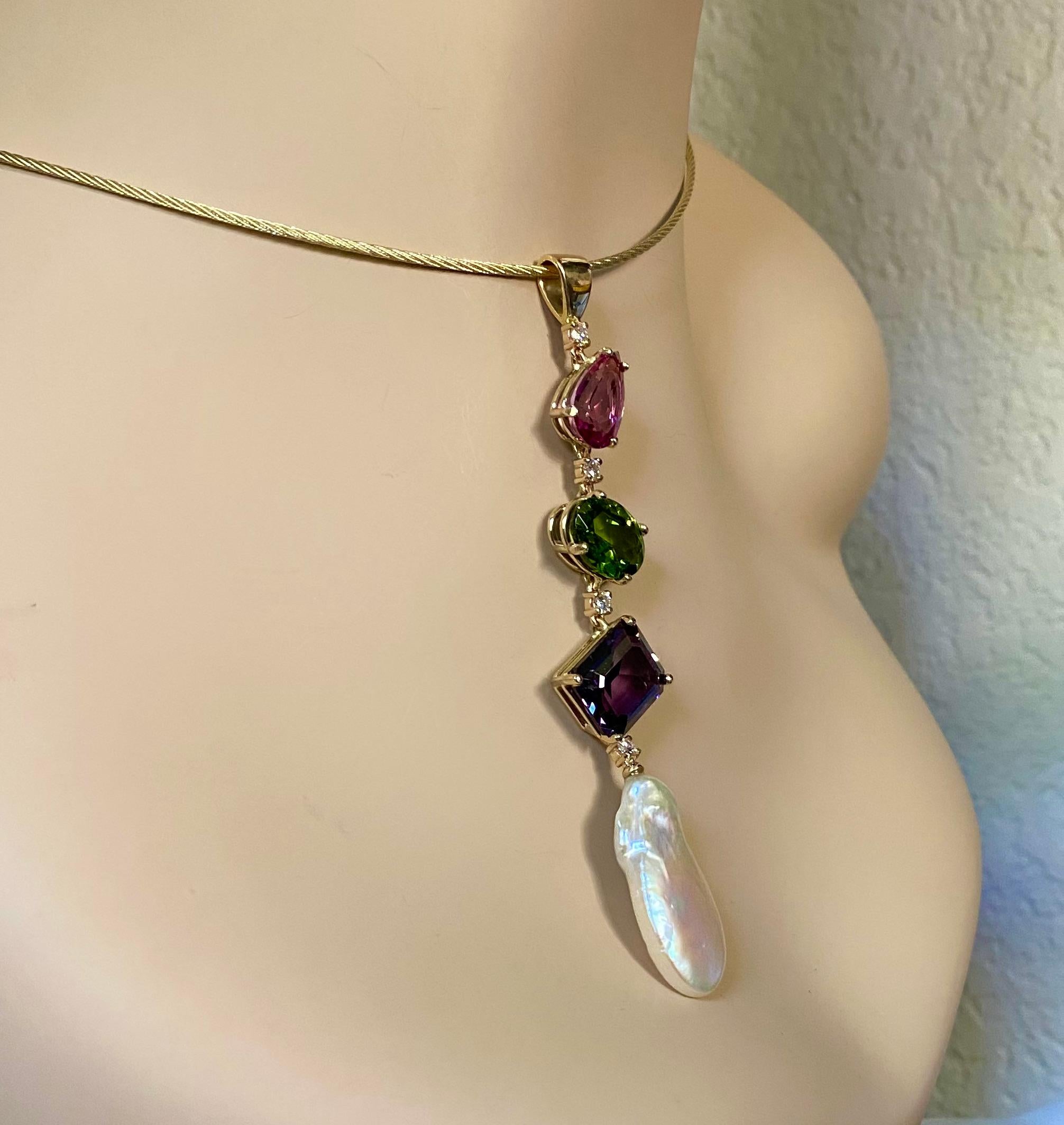 Mixed Cut Michael Kneebone Pink Topaz Peridot Amethyst Diamond Pearl Stiletto Pendant For Sale