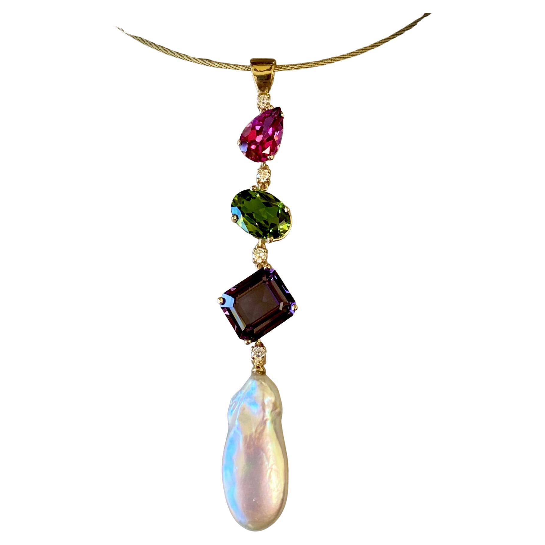 Michael Kneebone Pink Topaz Peridot Amethyst Diamond Pearl Stiletto Pendant For Sale