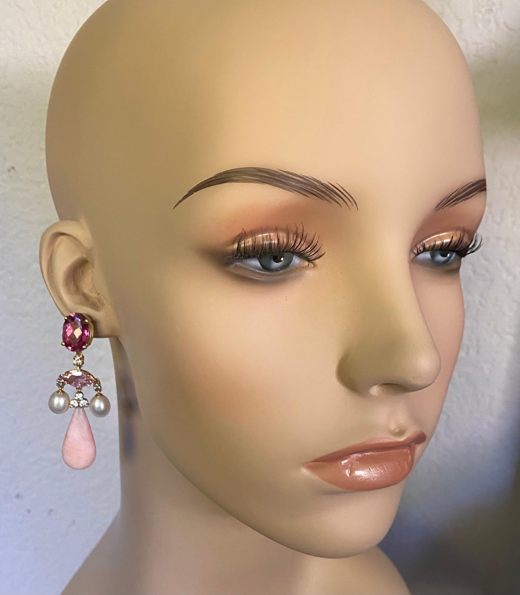 Mixed Cut Michael Kneebone Pink Topaz Pink Tourmaline Pink Opal Chandelier Earrings For Sale