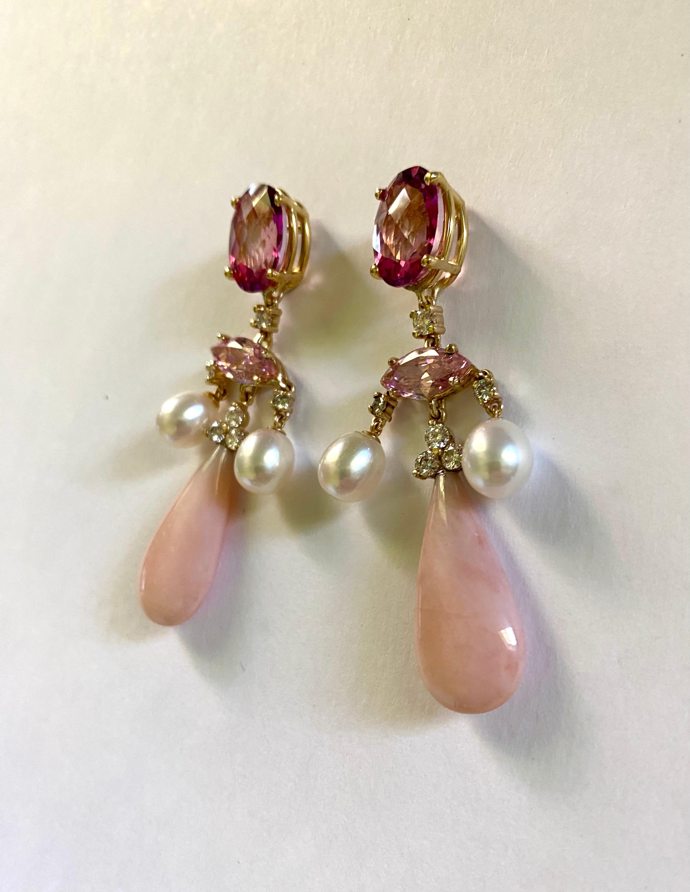 Michael Kneebone Pink Topaz Pink Tourmaline Pink Opal Chandelier Earrings In New Condition For Sale In Austin, TX