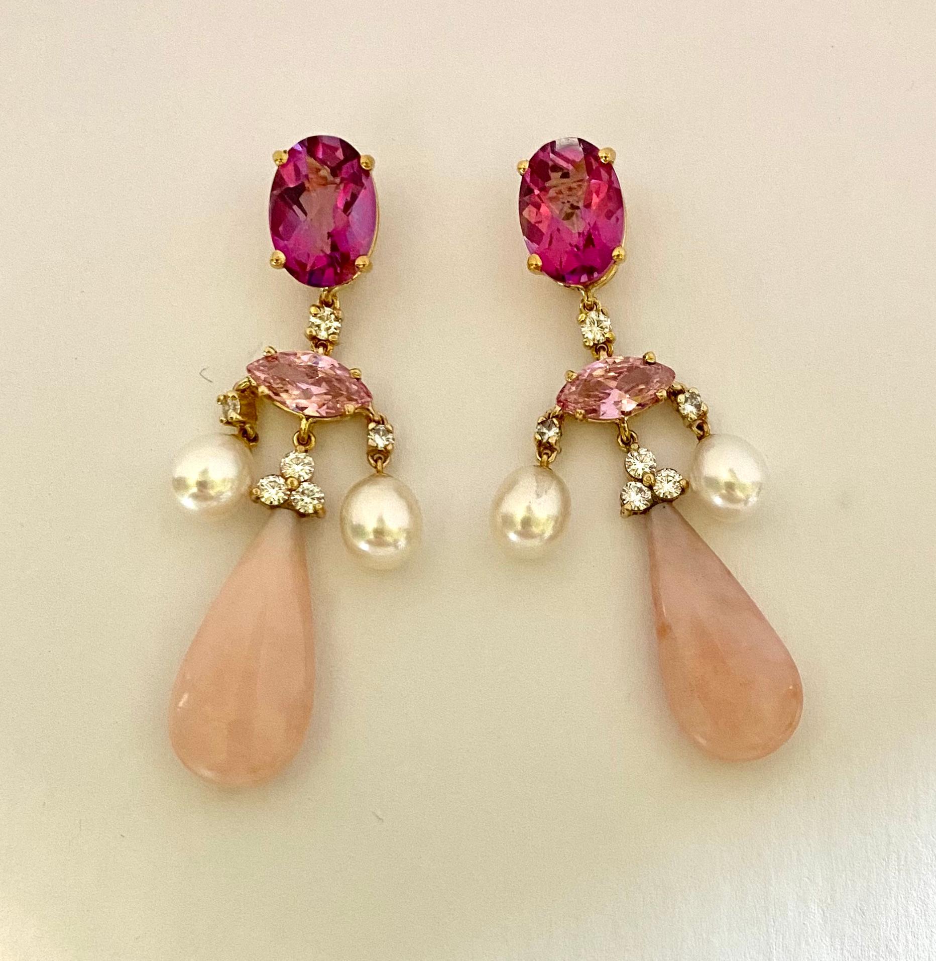Michael Kneebone Pink Topaz Pink Tourmaline Pink Opal Chandelier Earrings For Sale 1