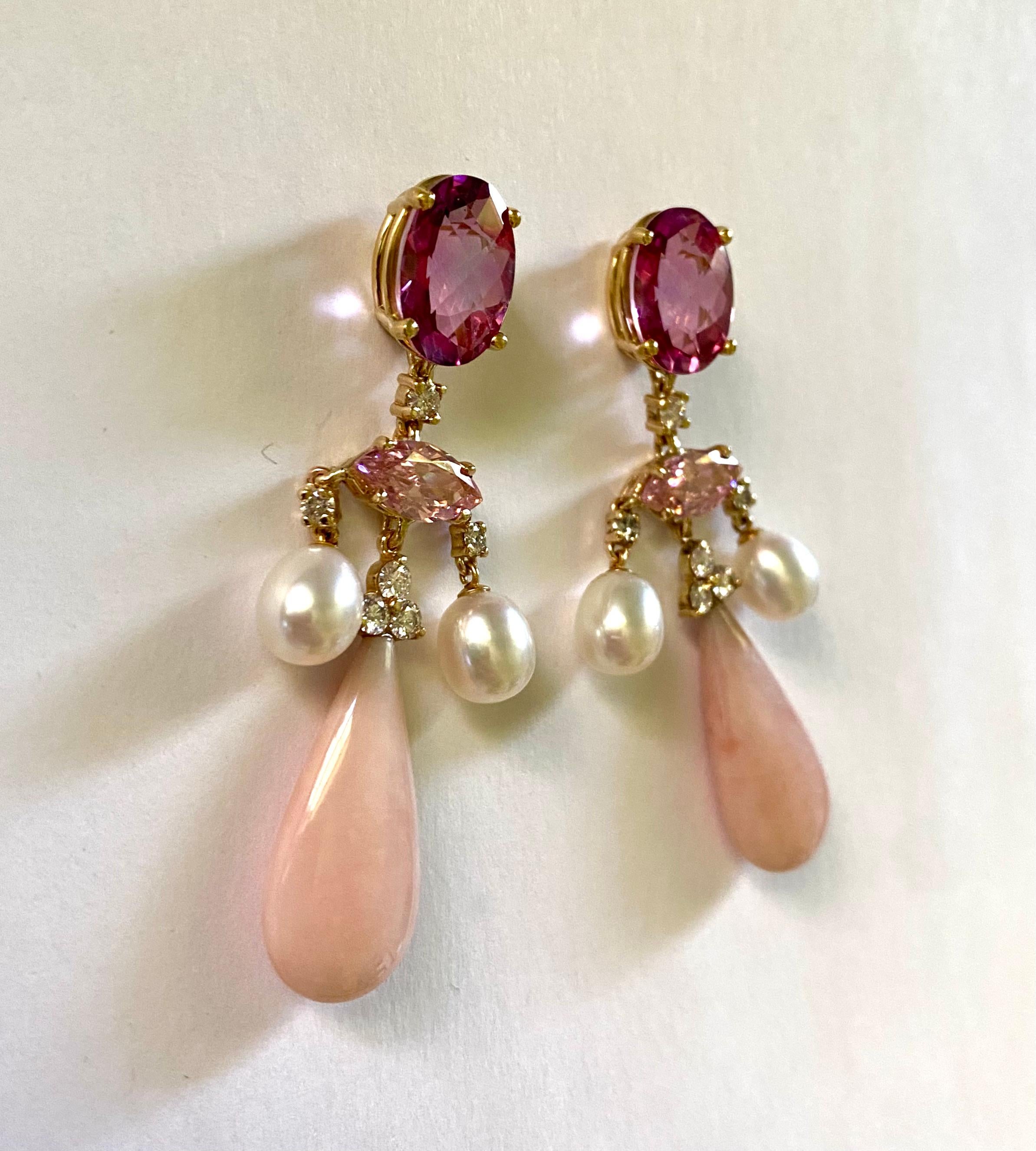 Michael Kneebone Pink Topaz Pink Tourmaline Pink Opal Chandelier Earrings For Sale 3