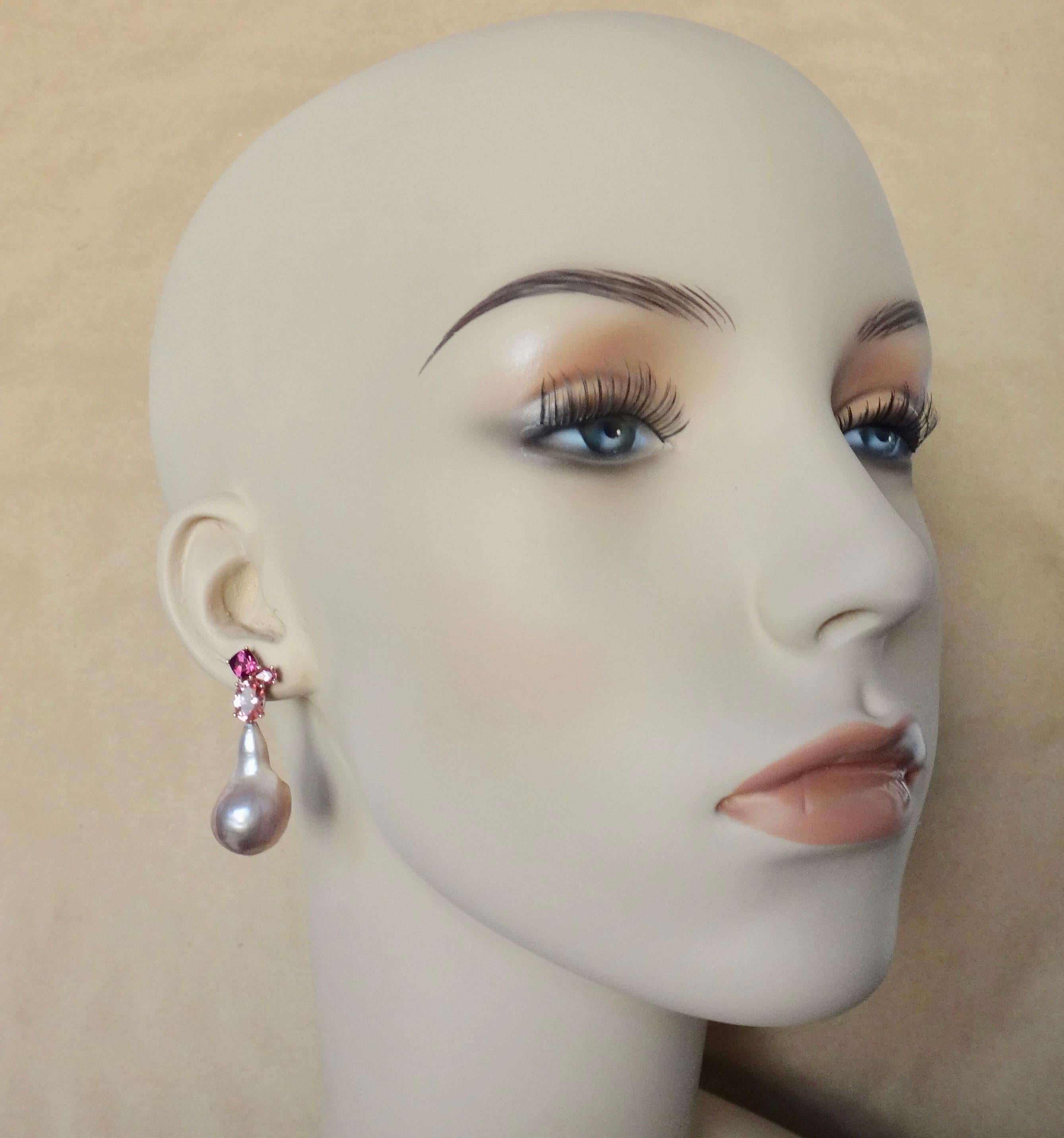 Contemporary Michael Kneebone Pink Topaz Rhodolite Baroque Pearl Rose Gold Earrings