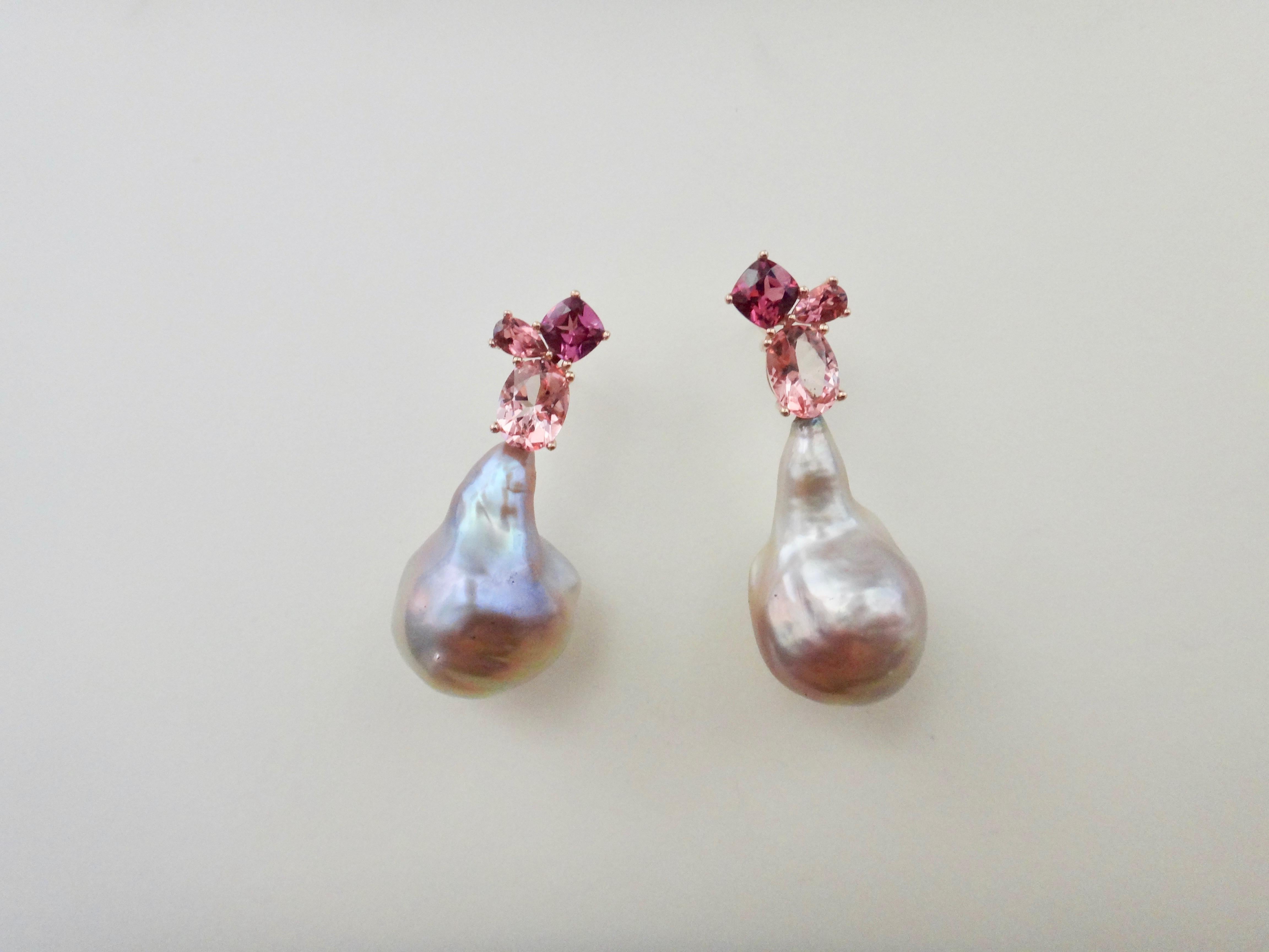 Michael Kneebone Pink Topaz Rhodolite Baroque Pearl Rose Gold Earrings In New Condition In Austin, TX