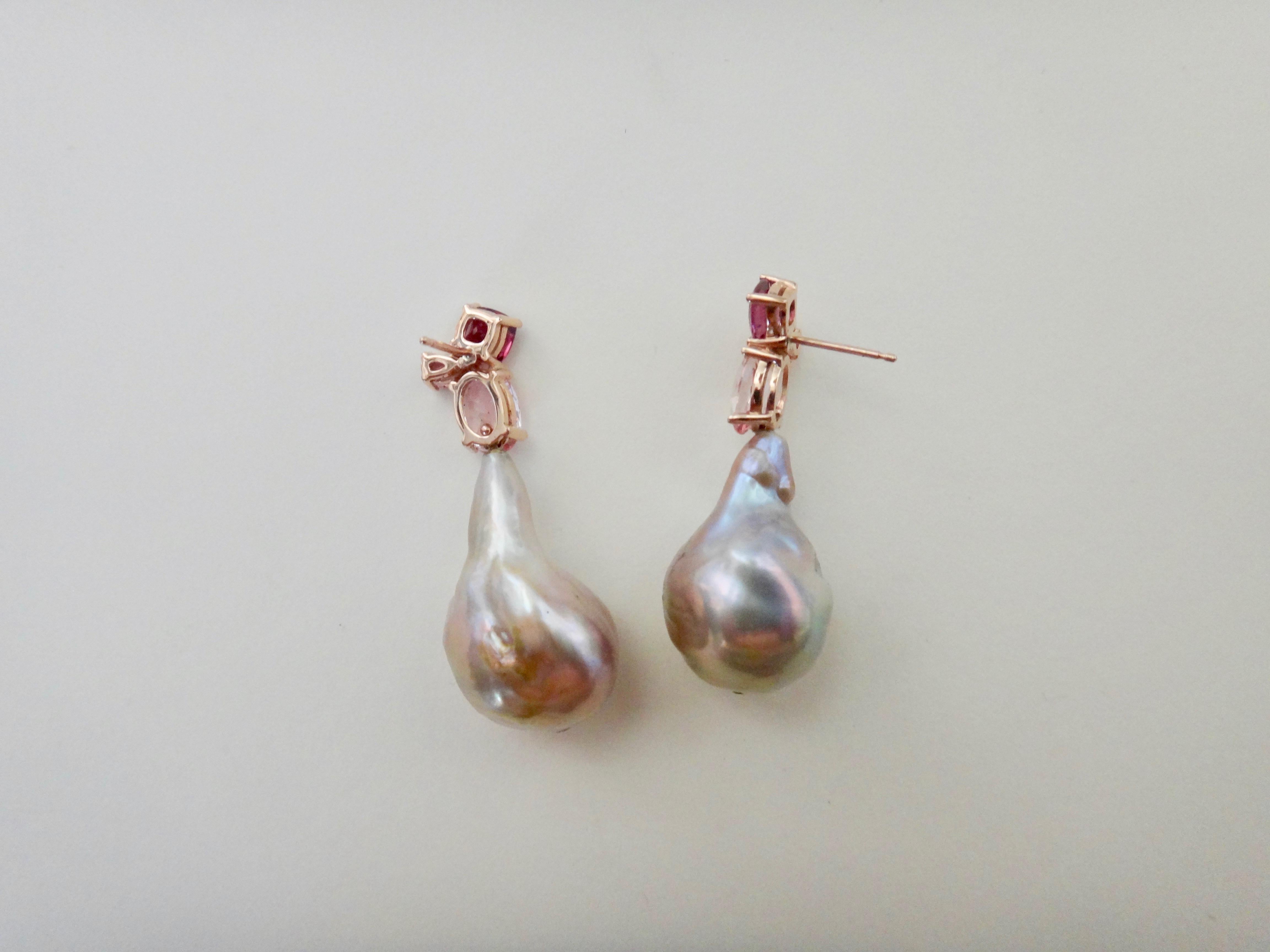 Michael Kneebone Pink Topaz Rhodolite Baroque Pearl Rose Gold Earrings 2