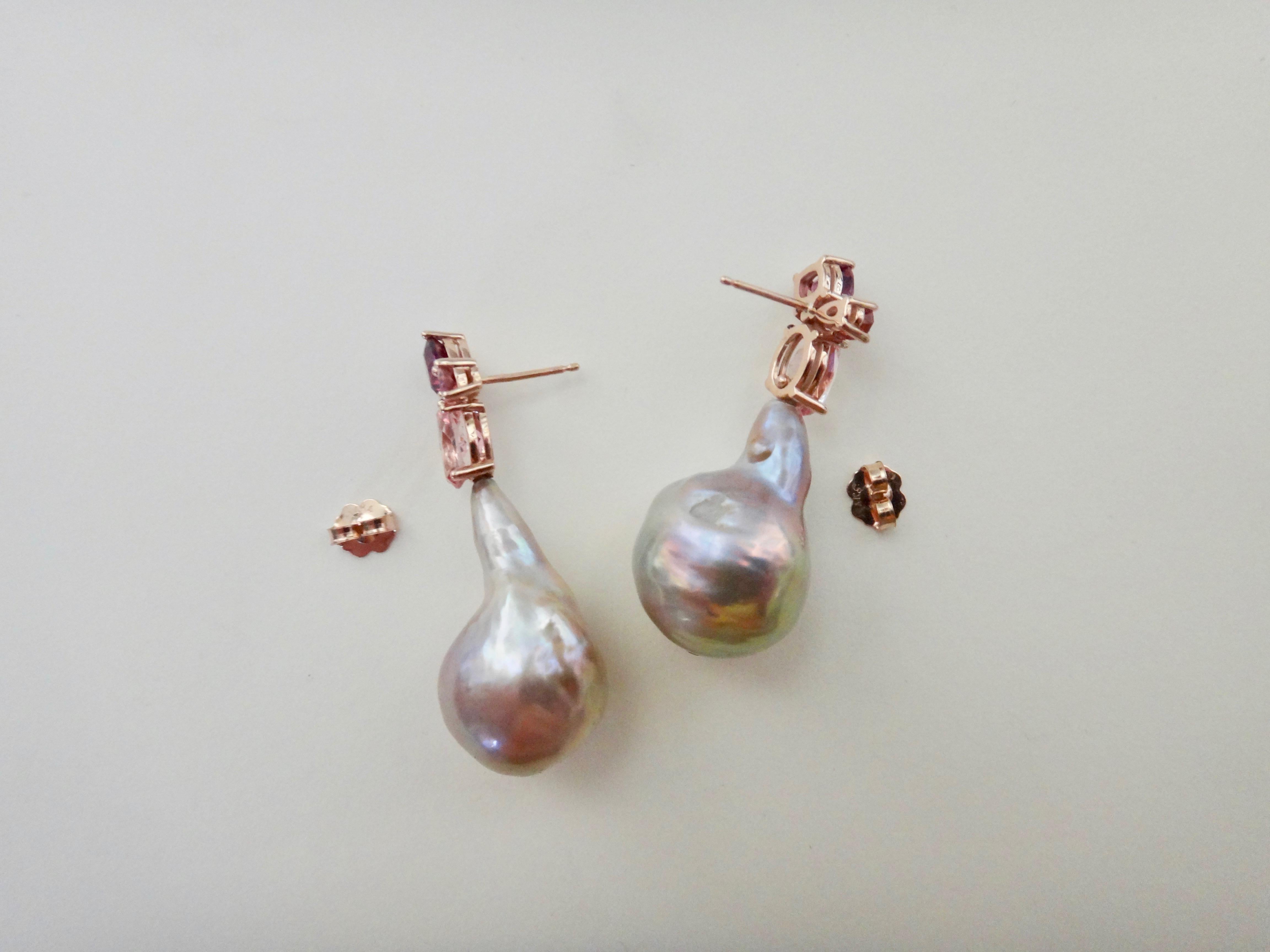 Michael Kneebone Pink Topaz Rhodolite Baroque Pearl Rose Gold Earrings 3