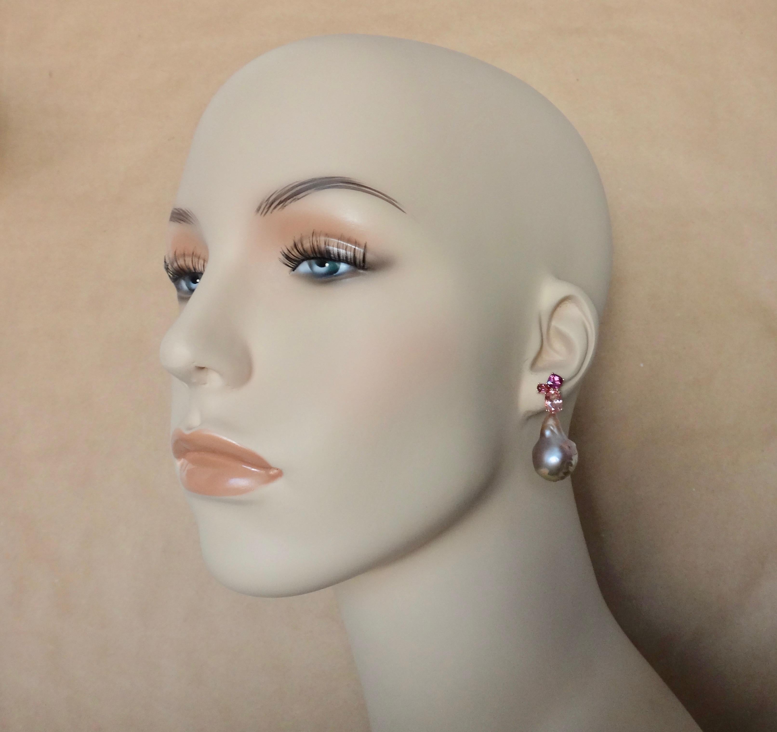 Michael Kneebone Pink Topaz Rhodolite Baroque Pearl Rose Gold Earrings 4