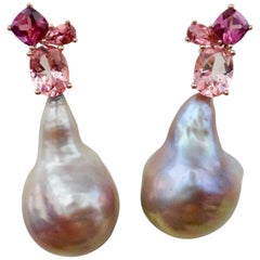 Michael Kneebone Pink Topaz Rhodolite Baroque Pearl Rose Gold Earrings