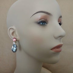 Michael Kneebone Pink Topaz Sapphire Baroque Gray Pearl Dangle Earrings