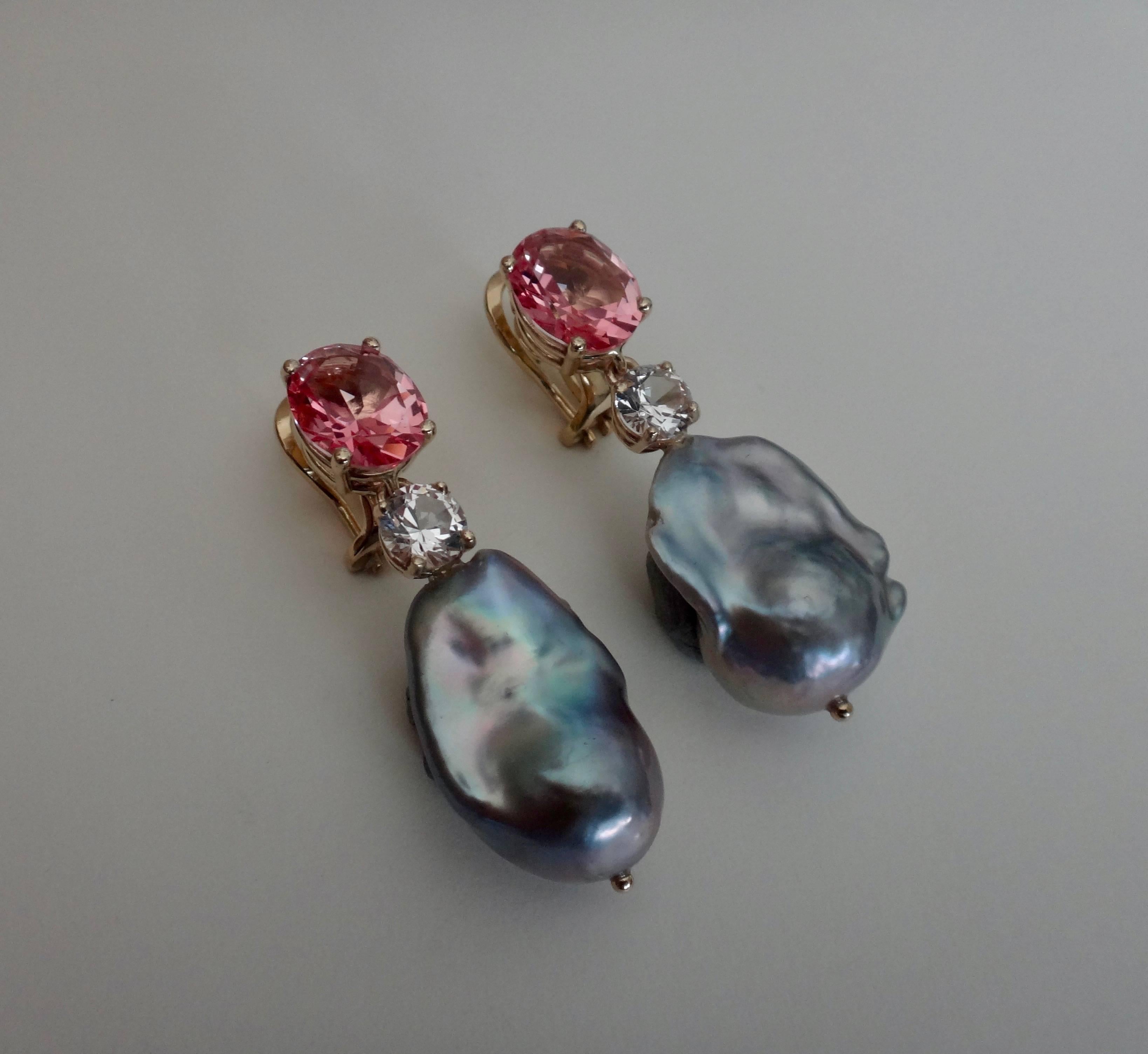 Contemporary Michael Kneebone Pink Topaz Sapphire Baroque Gray Pearl Dangle Earrings