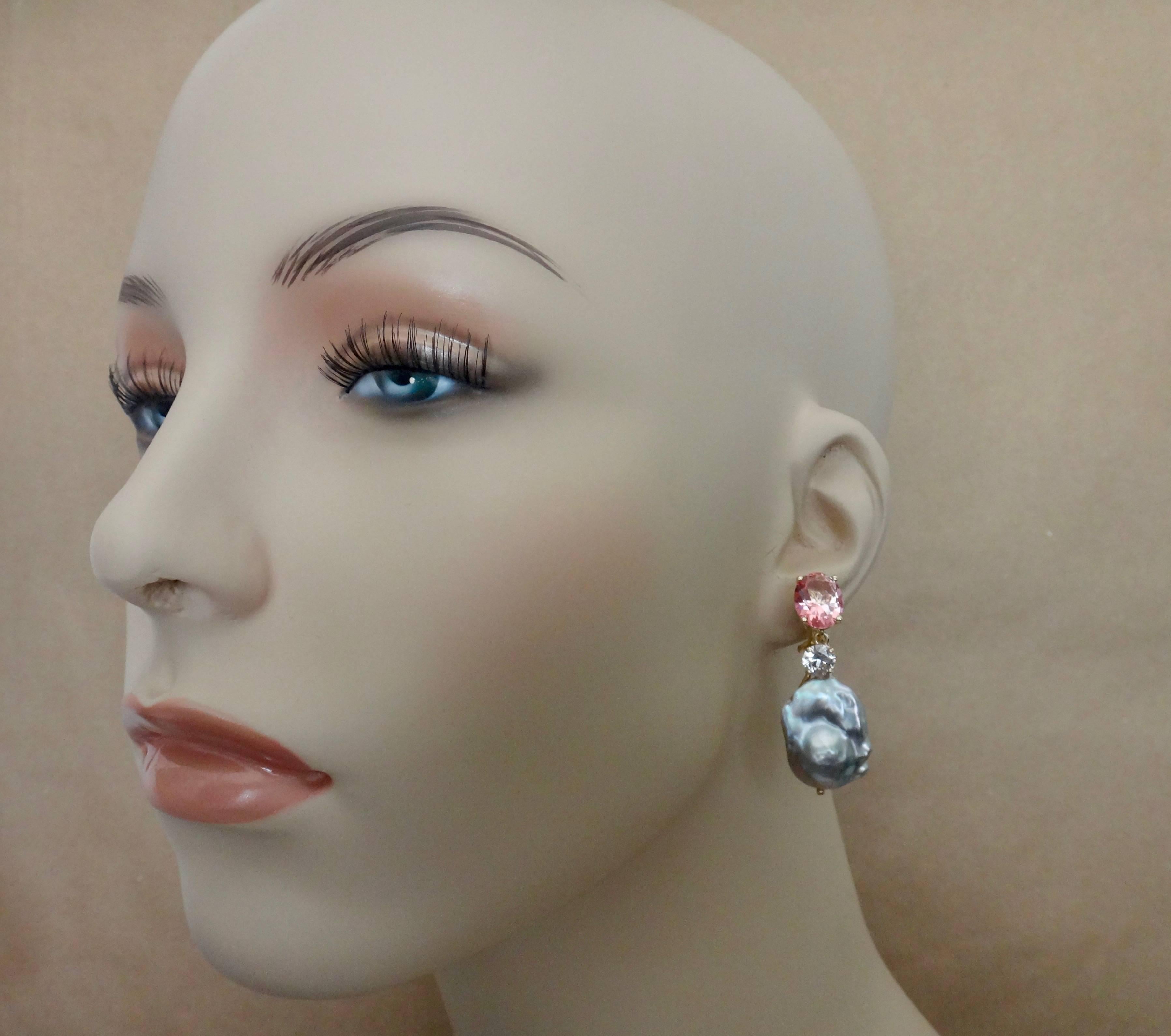 Michael Kneebone Pink Topaz Sapphire Baroque Gray Pearl Dangle Earrings In Excellent Condition In Austin, TX