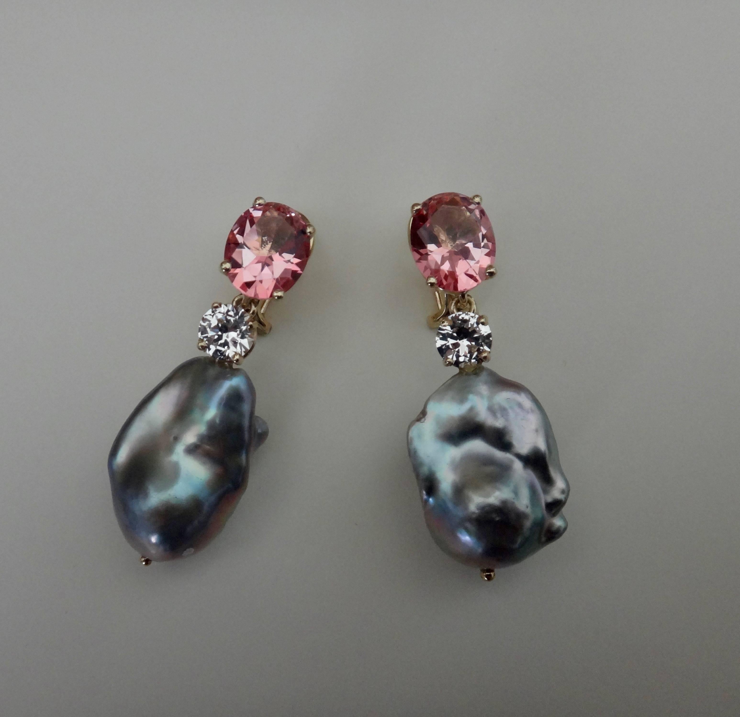 Michael Kneebone Pink Topaz Sapphire Baroque Gray Pearl Dangle Earrings 1