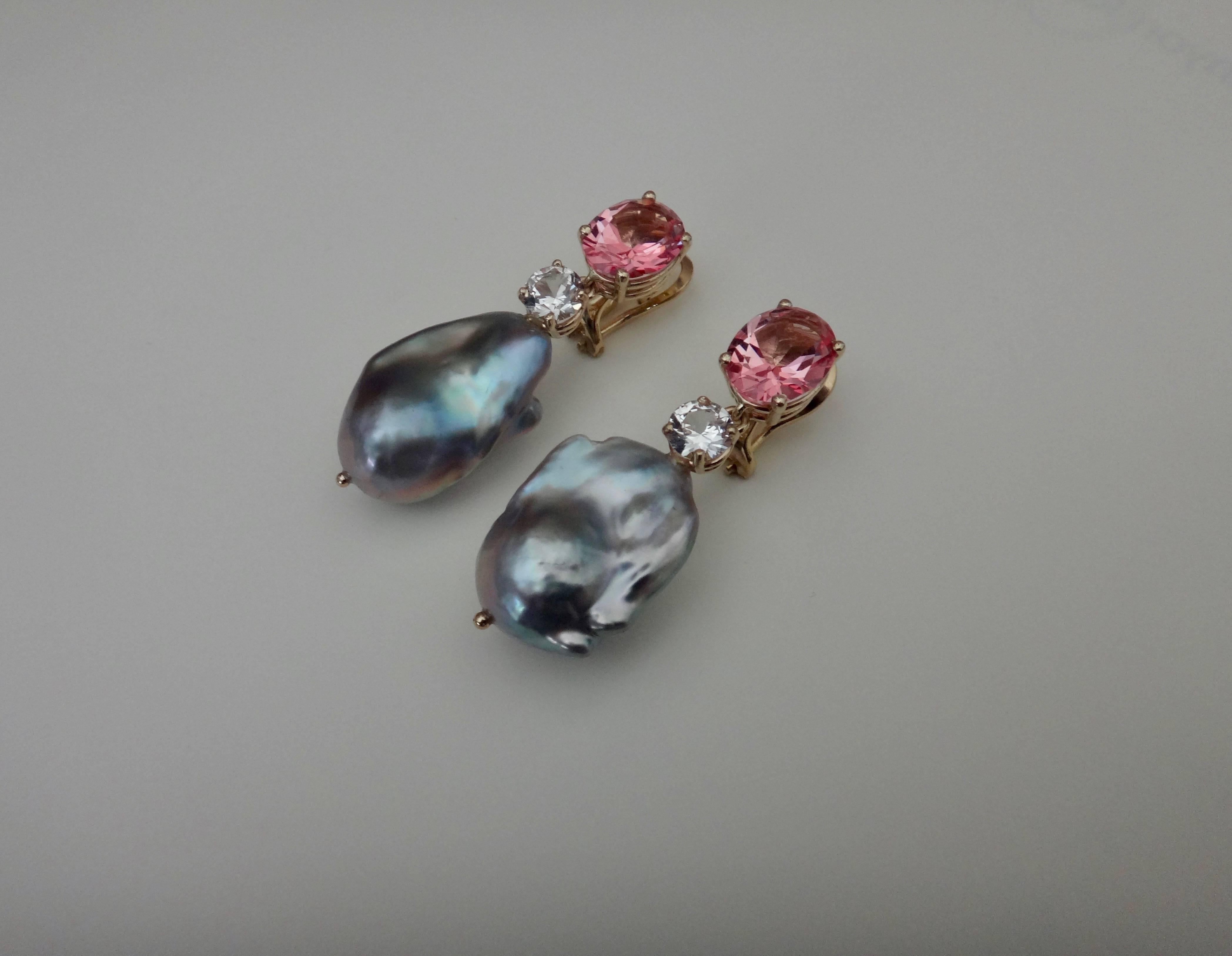 Michael Kneebone Pink Topaz Sapphire Baroque Gray Pearl Dangle Earrings 3