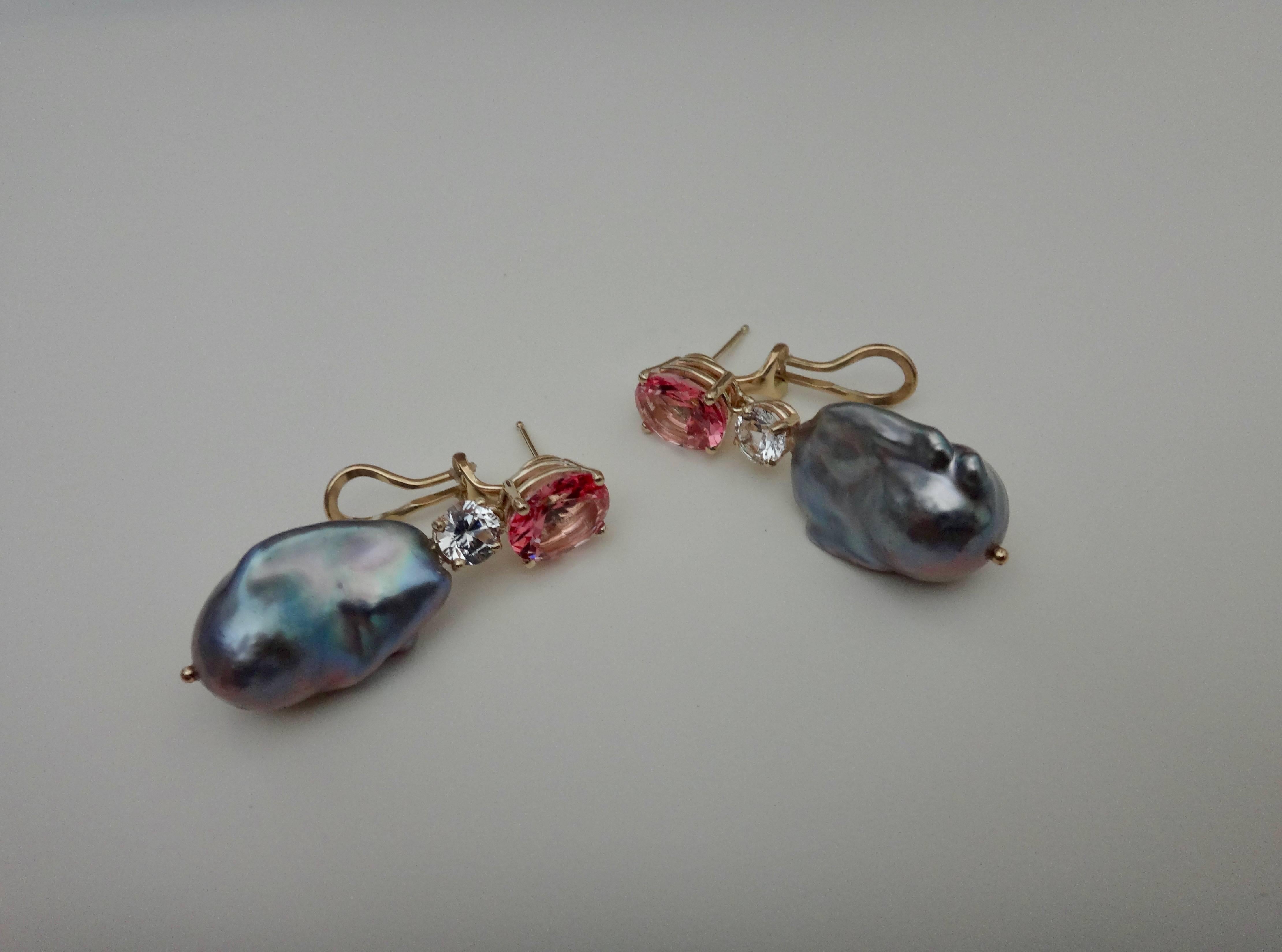 Michael Kneebone Pink Topaz Sapphire Baroque Gray Pearl Dangle Earrings 4