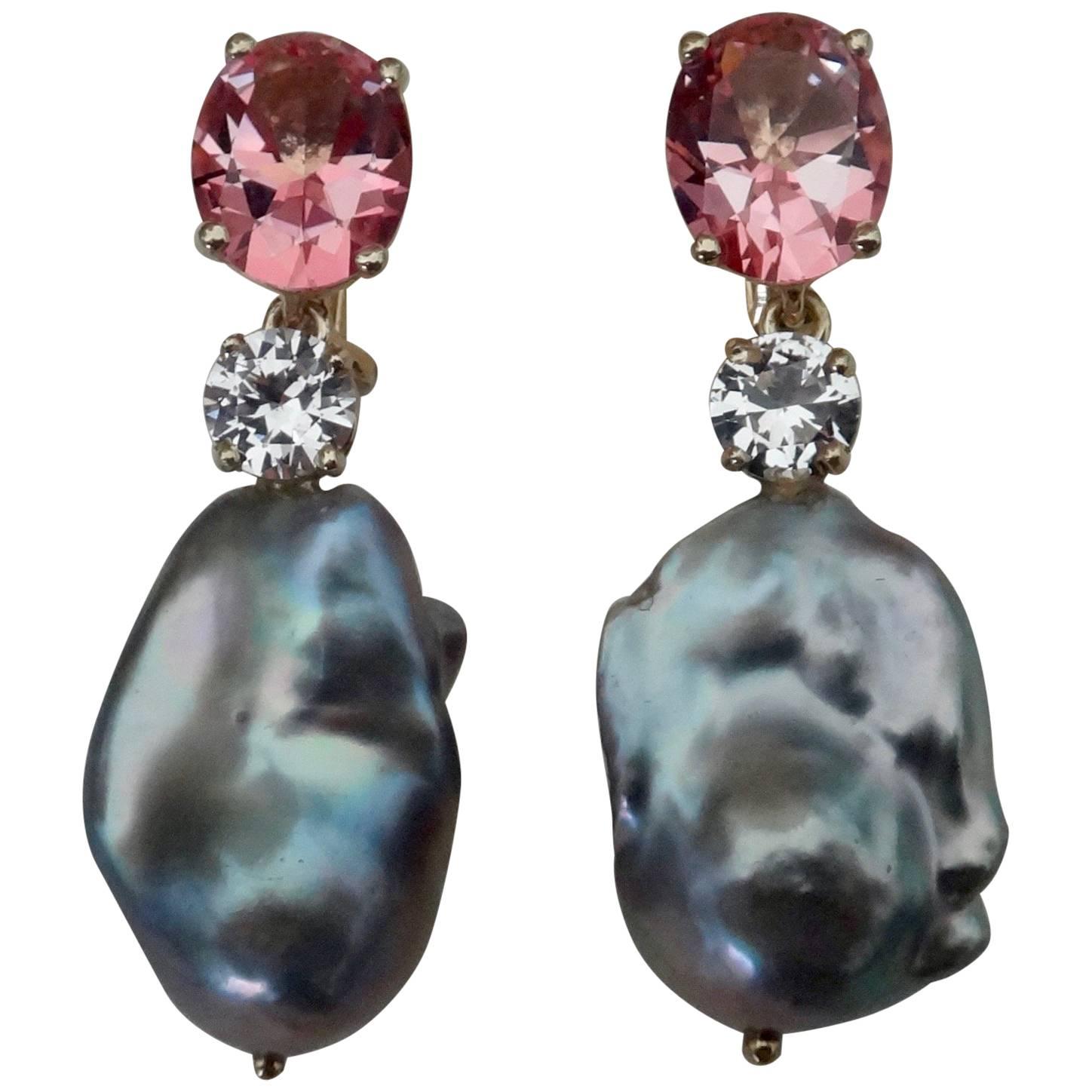 Michael Kneebone Pink Topaz Sapphire Baroque Gray Pearl Dangle Earrings