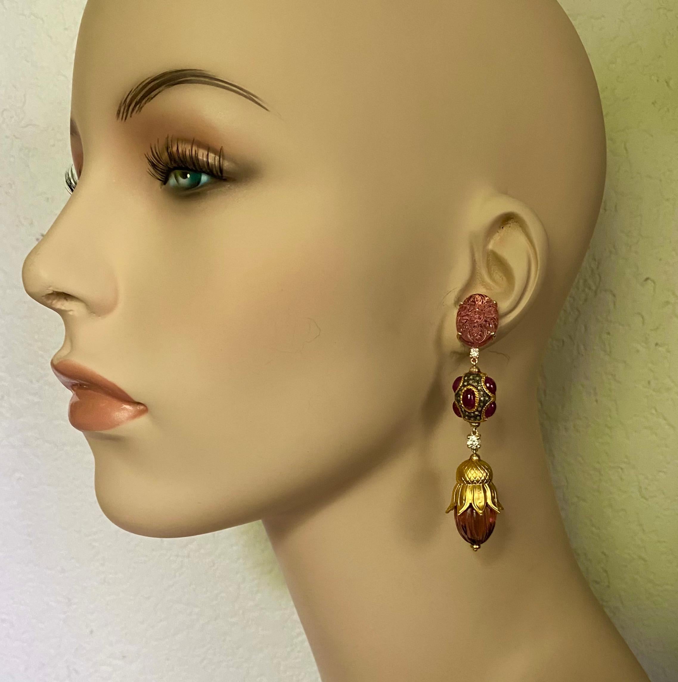Michael Kneebone Pink Tourmaline Ruby Diamond Mughal Style Dangle Earrings For Sale 4