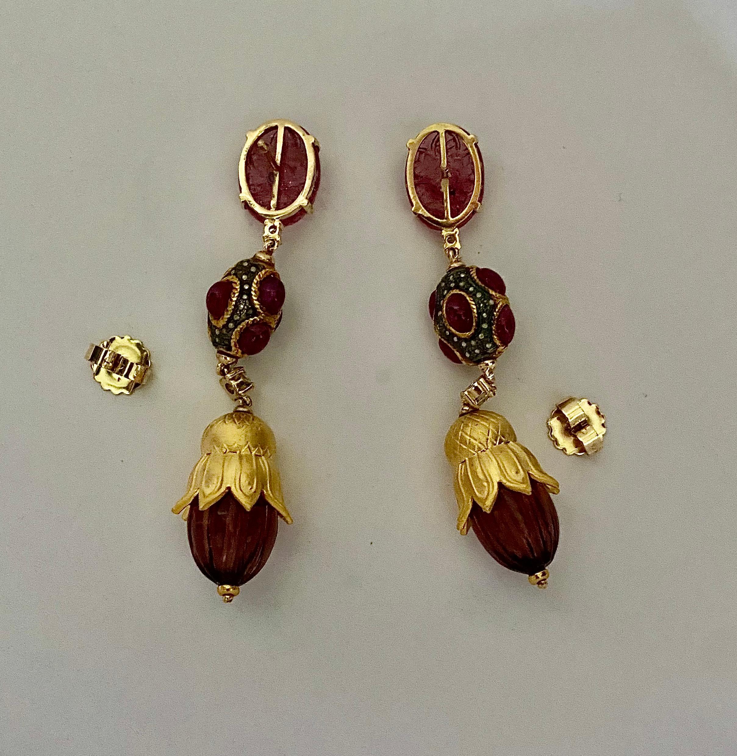 Michael Kneebone Pink Tourmaline Ruby Diamond Mughal Style Dangle Earrings For Sale 5