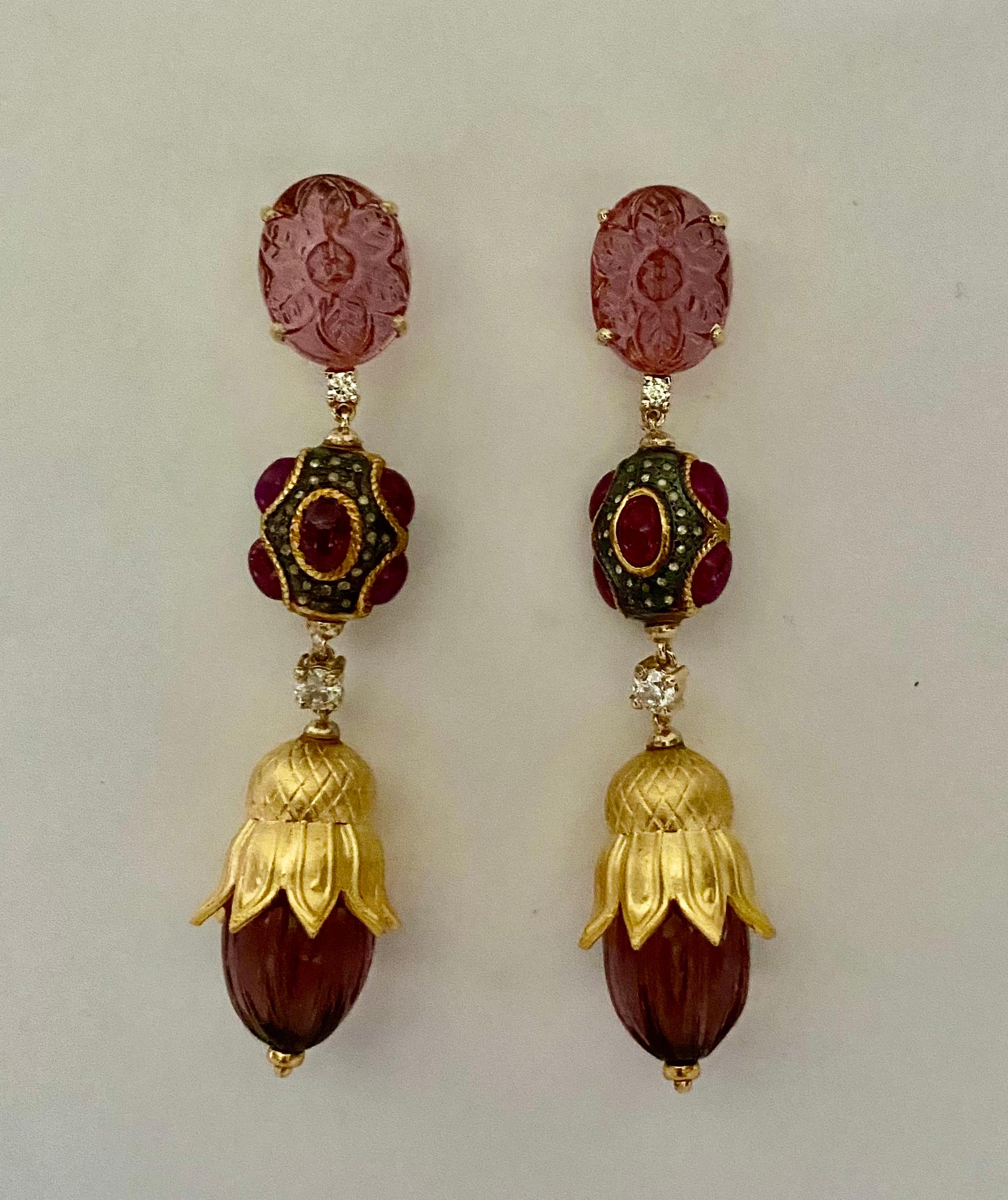 Contemporary Michael Kneebone Pink Tourmaline Ruby Diamond Mughal Style Dangle Earrings For Sale