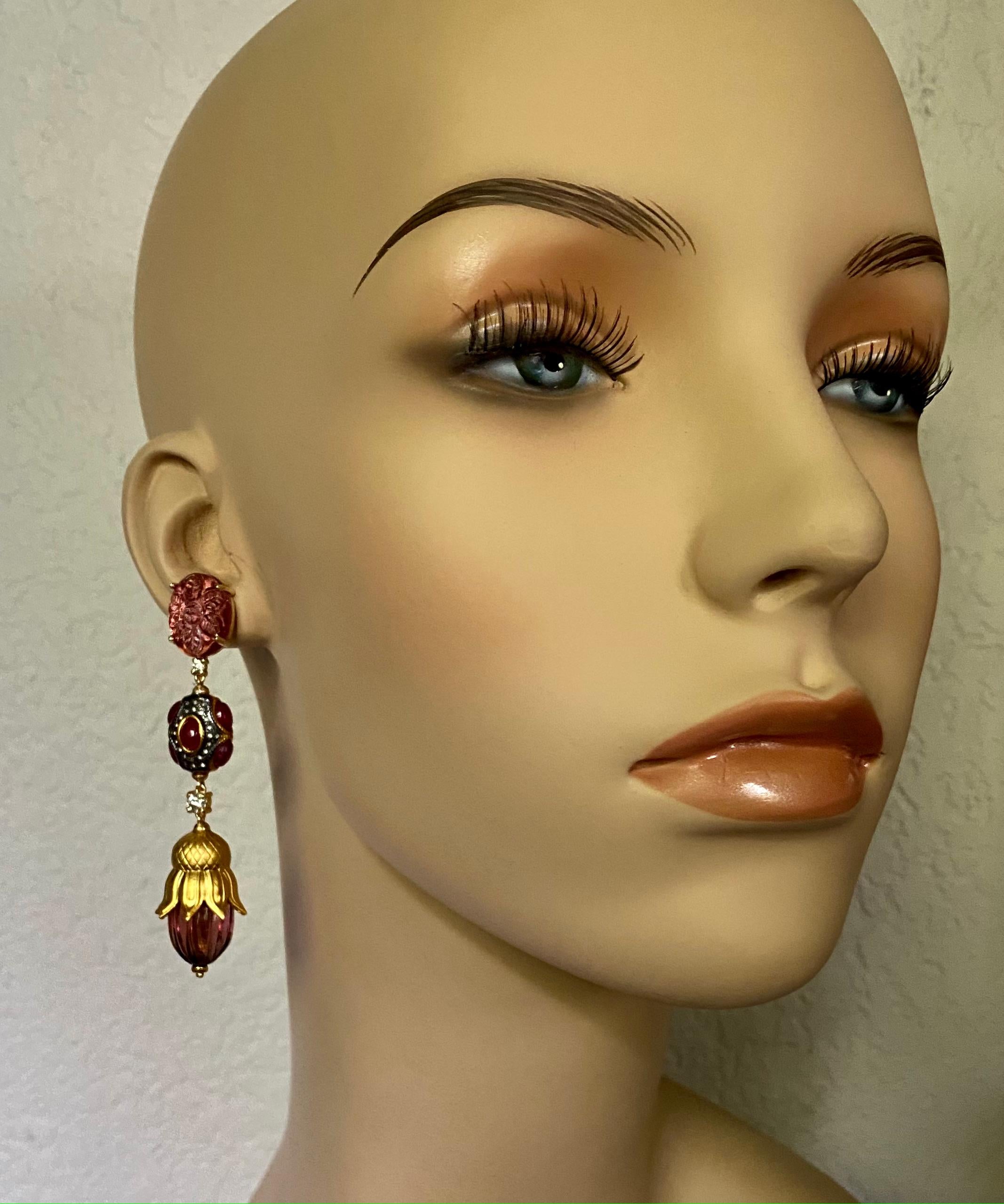 Mixed Cut Michael Kneebone Pink Tourmaline Ruby Diamond Mughal Style Dangle Earrings For Sale