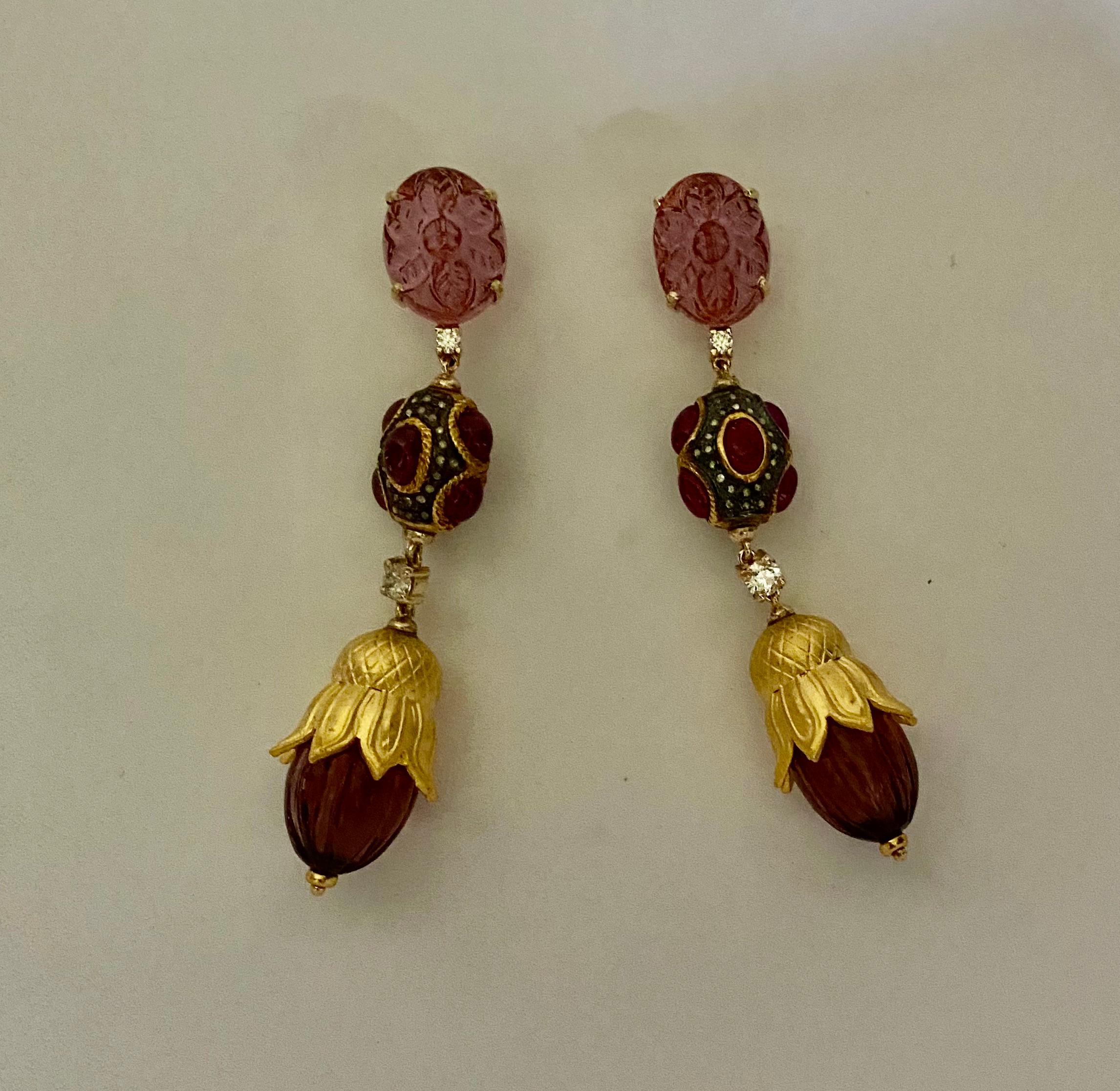 Michael Kneebone Pink Tourmaline Ruby Diamond Mughal Style Dangle Earrings In New Condition For Sale In Austin, TX