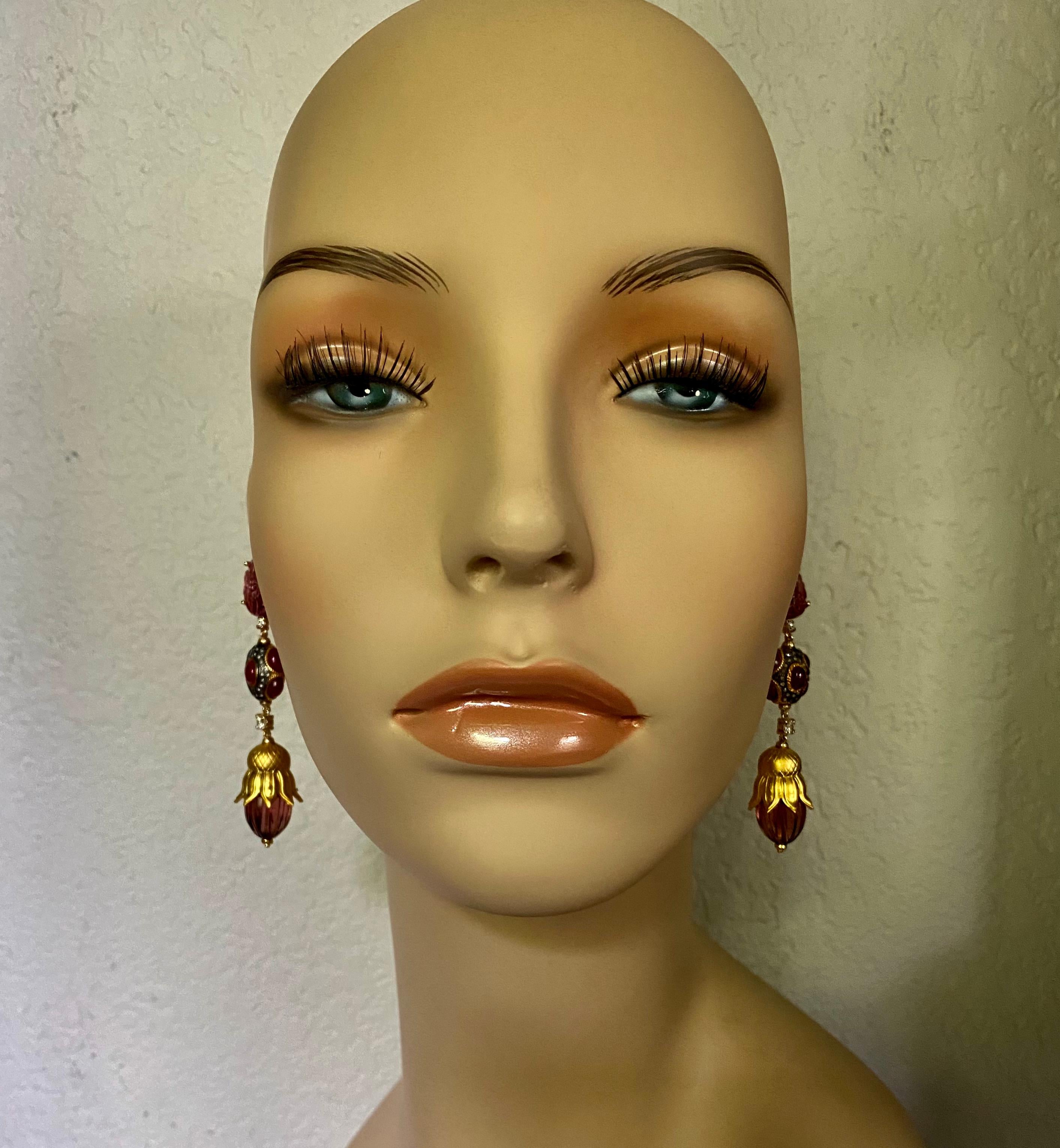 Women's Michael Kneebone Pink Tourmaline Ruby Diamond Mughal Style Dangle Earrings For Sale