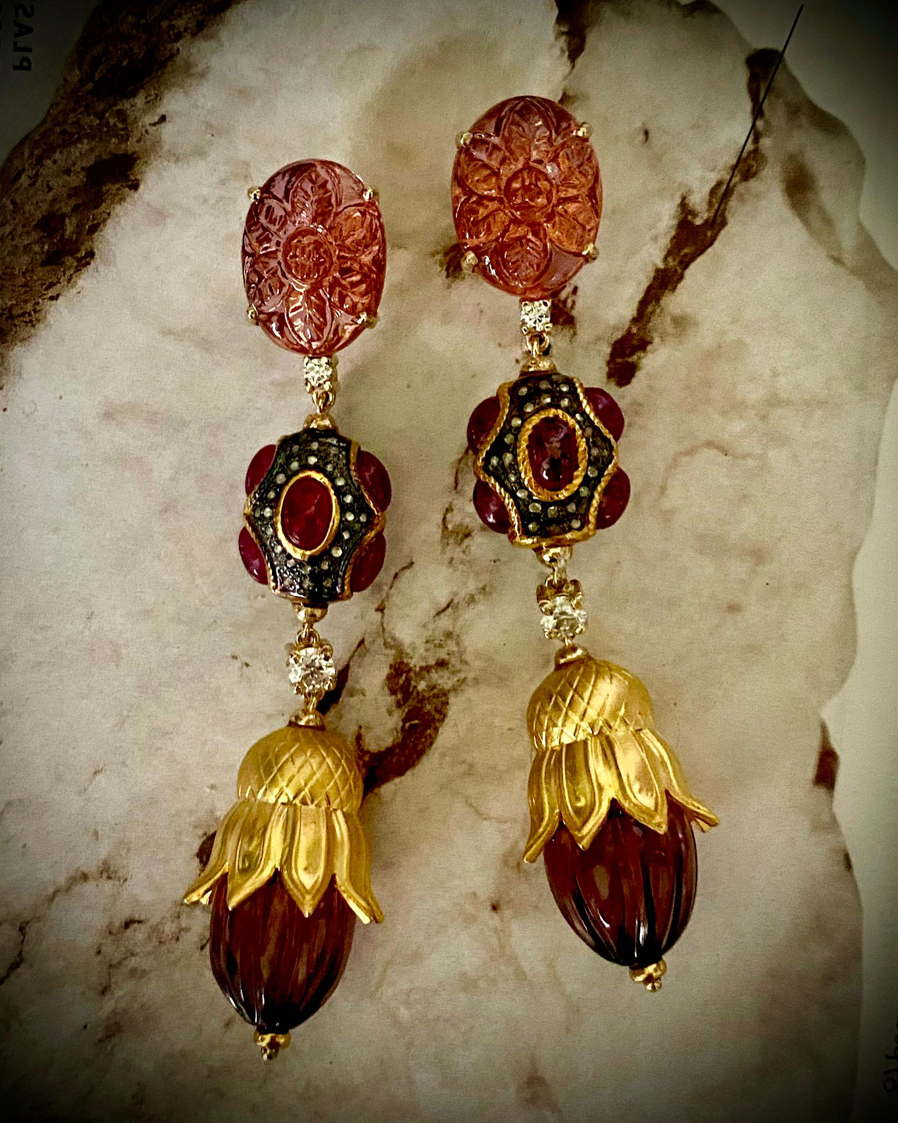 Michael Kneebone Pink Tourmaline Ruby Diamond Mughal Style Dangle Earrings For Sale 1
