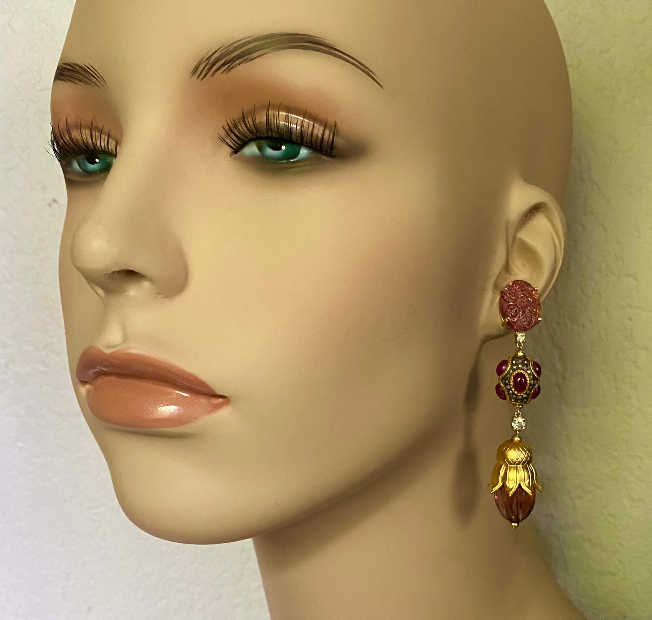 Michael Kneebone Pink Tourmaline Ruby Diamond Mughal Style Dangle Earrings For Sale 2