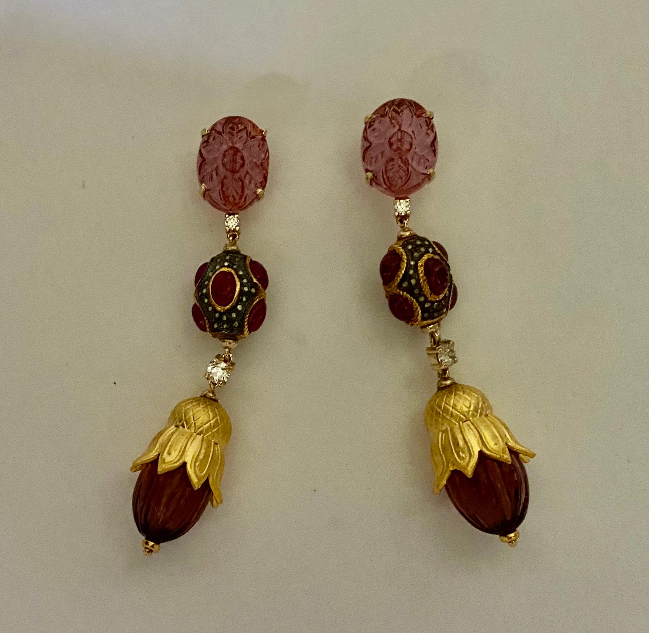 Michael Kneebone Pink Tourmaline Ruby Diamond Mughal Style Dangle Earrings For Sale 3