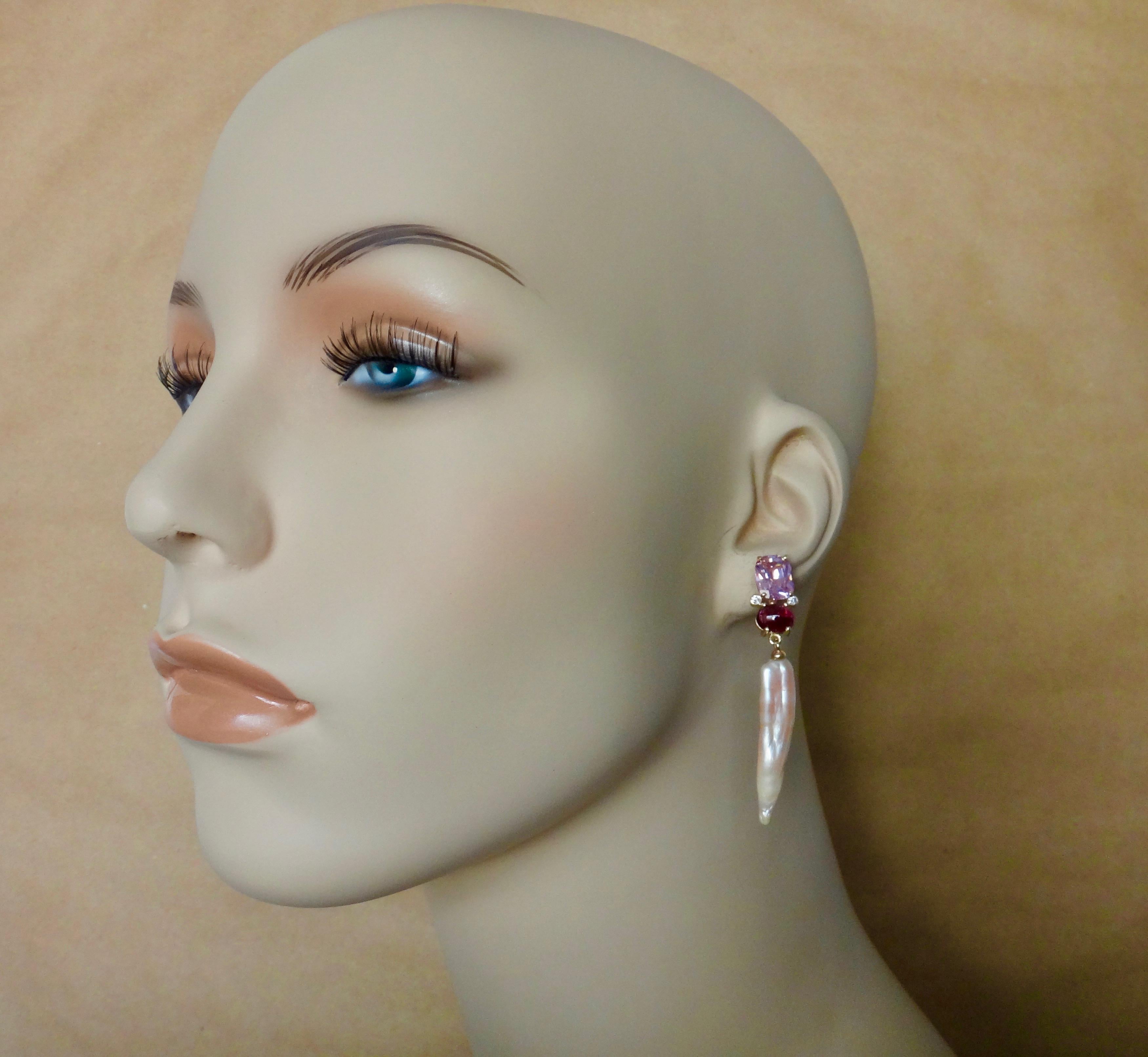 Contemporary Michael Kneebone Pink Zircon Rhodolite Garnet Diamond Pearl Dangle Earring For Sale