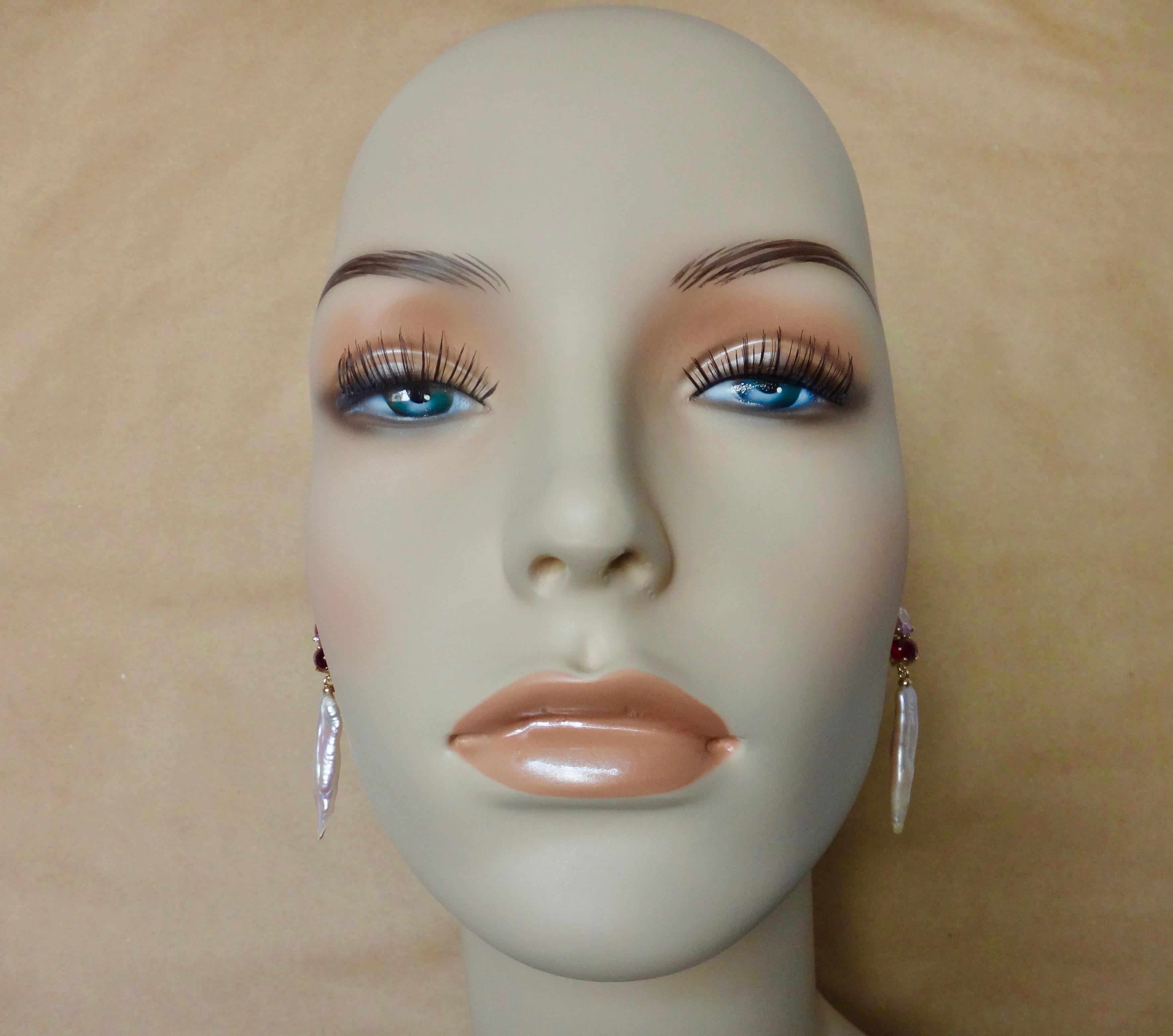 Mixed Cut Michael Kneebone Pink Zircon Rhodolite Garnet Diamond Pearl Dangle Earring For Sale