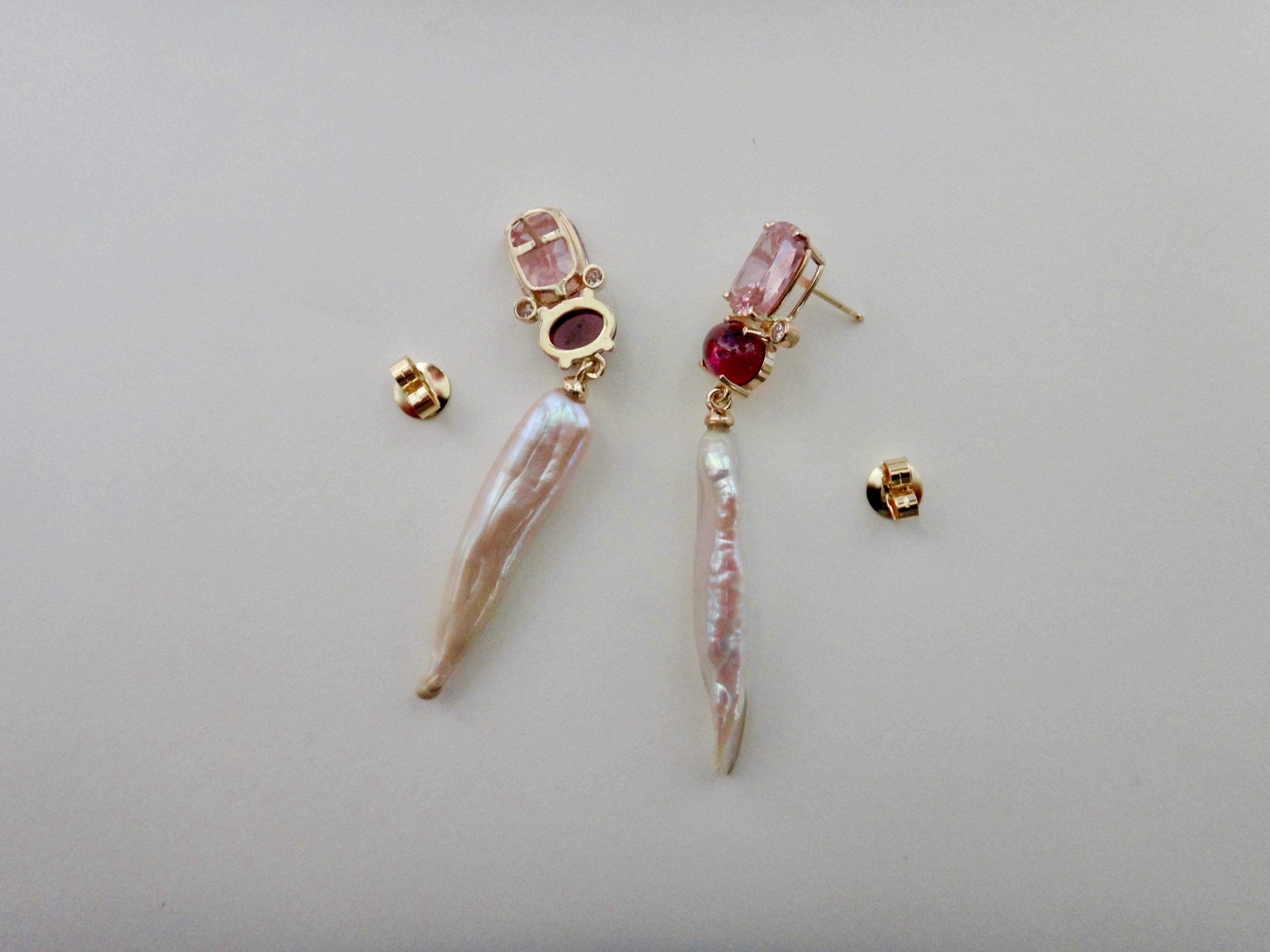 Michael Kneebone Pink Zircon Rhodolite Garnet Diamond Pearl Dangle Earring In New Condition For Sale In Austin, TX