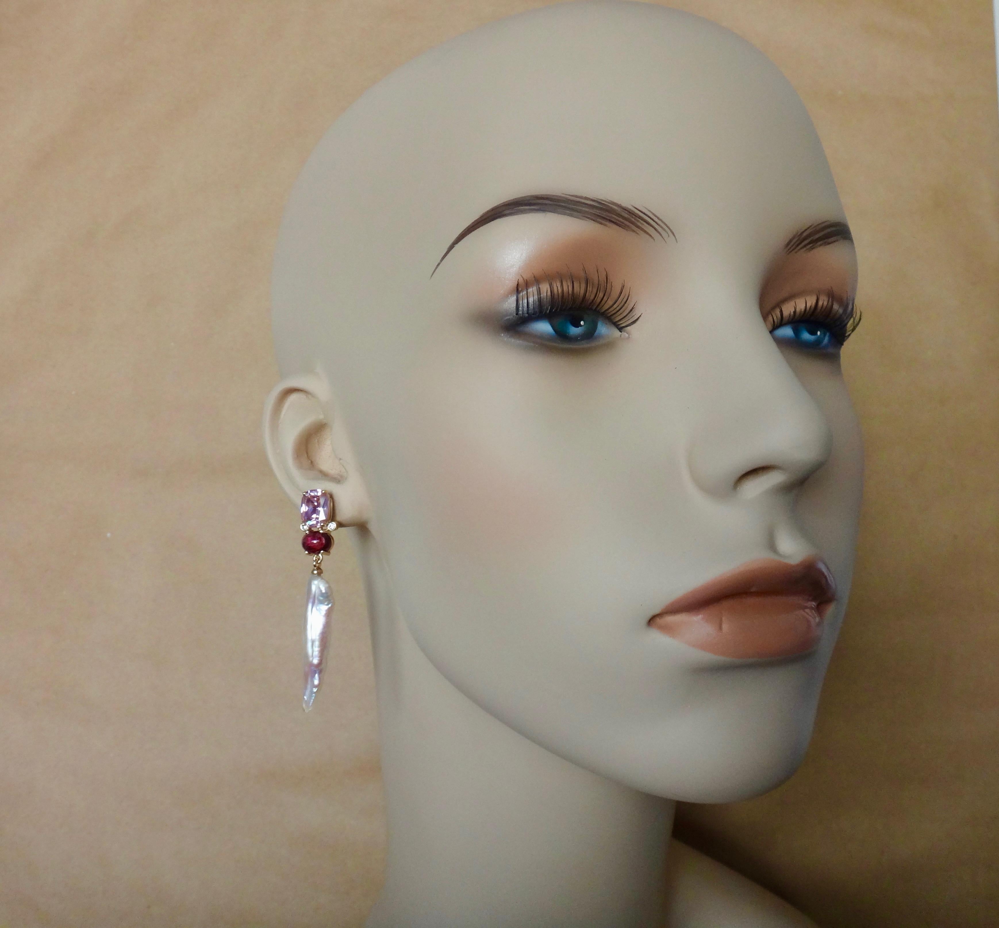 Women's or Men's Michael Kneebone Pink Zircon Rhodolite Garnet Diamond Pearl Dangle Earring For Sale