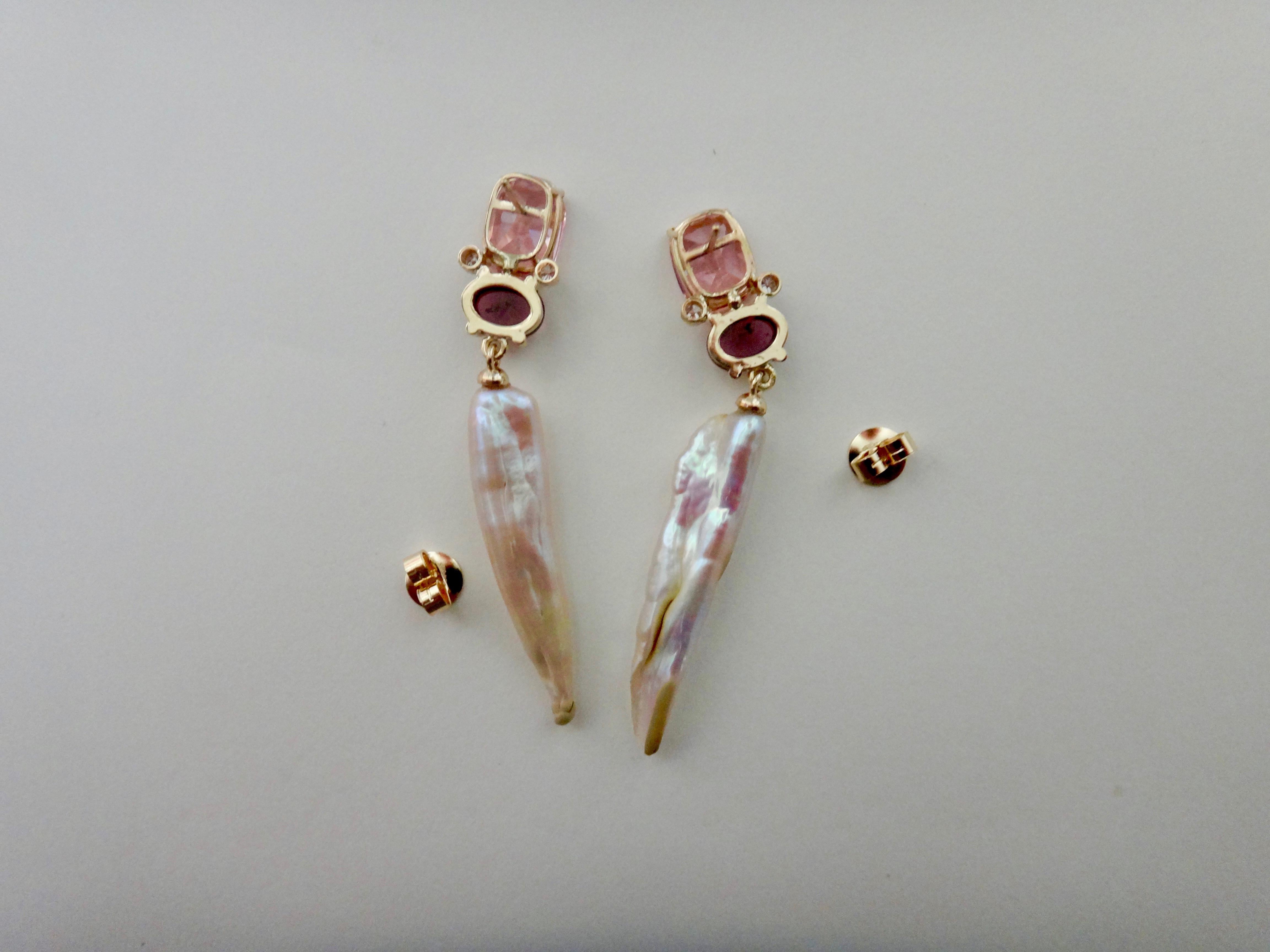 Michael Kneebone Pink Zircon Rhodolite Garnet Diamond Pearl Dangle Earring For Sale 1