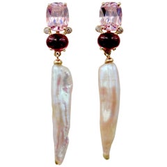 Michael Kneebone Pink Zircon Rhodolite Garnet Diamond Pearl Dangle Earring