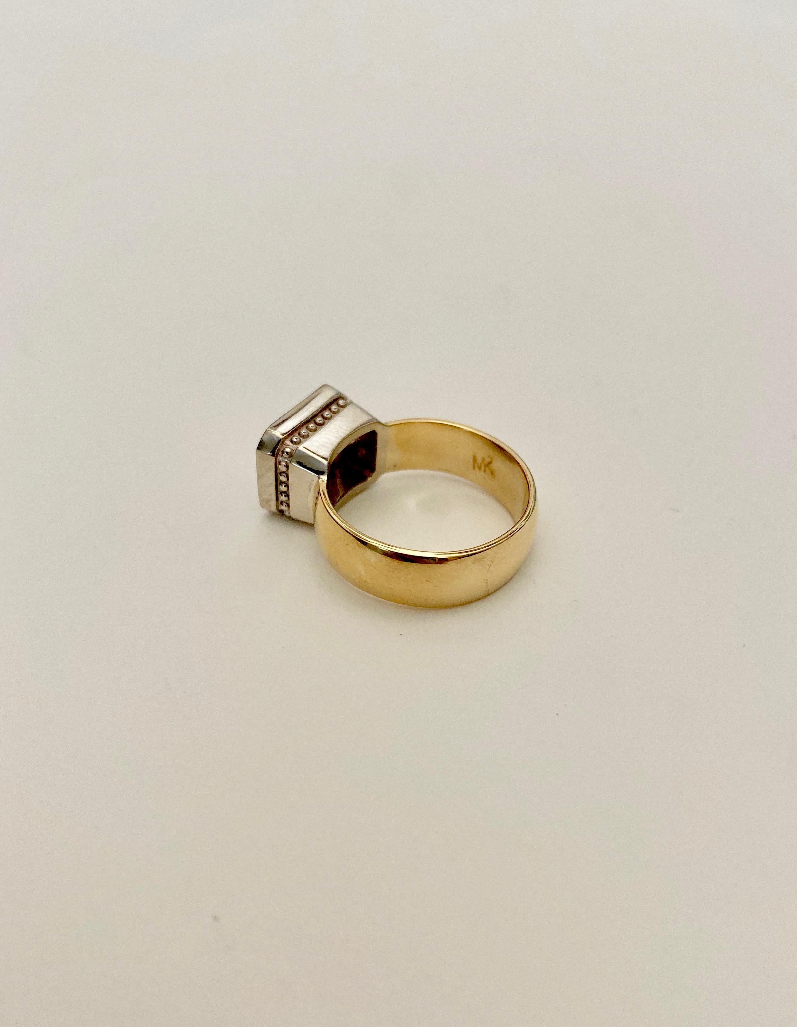 Women's or Men's Michael Kneebone Radiant Cut White Sapphire Two-Tone 18 Karat Leah Ring