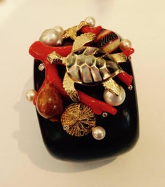Michael Kneebone Red Branch Coral Pearl Shell Diamond Ebony Cuff Bracelet