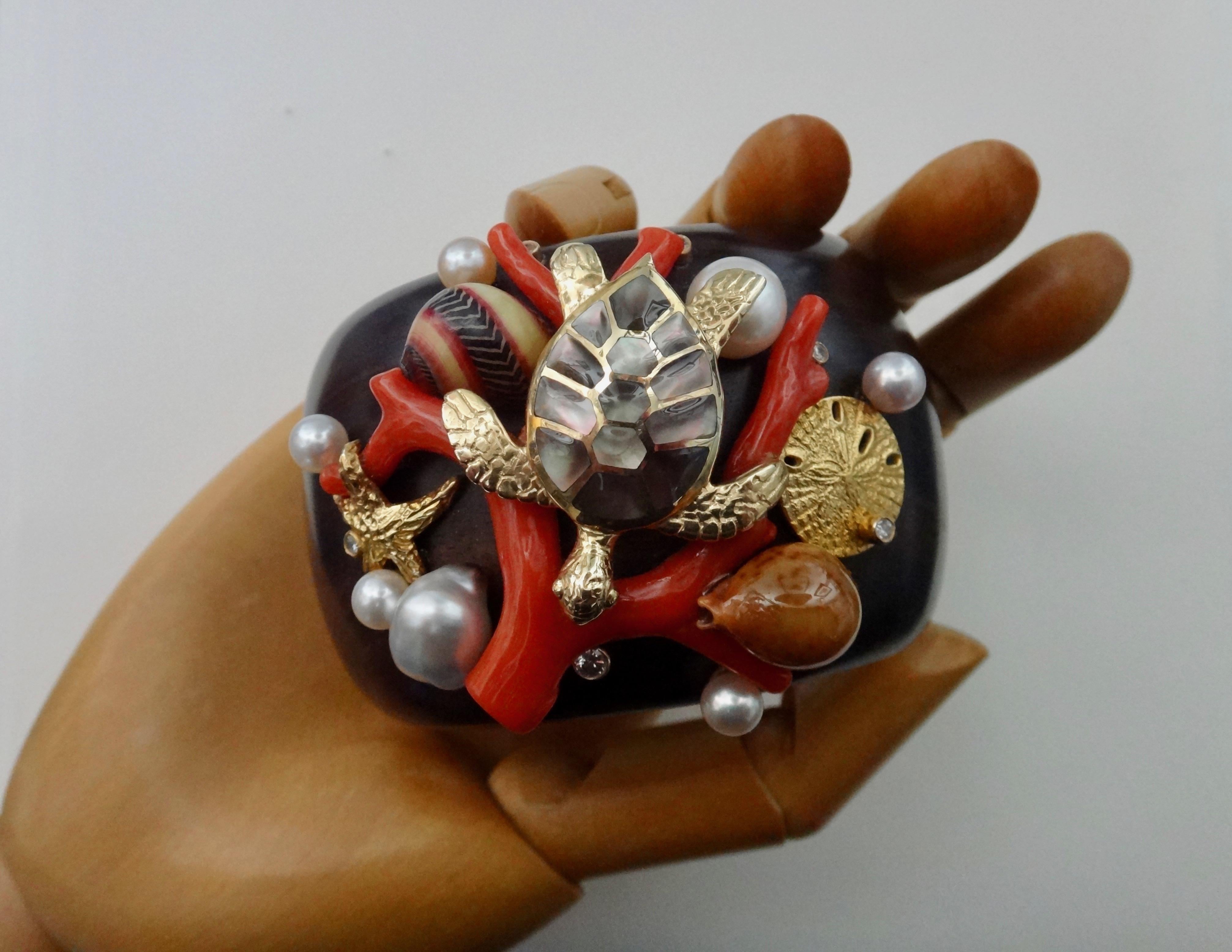 Michael Kneebone Red Branch Coral Pearl Shell Diamond Ebony Cuff Bracelet 1