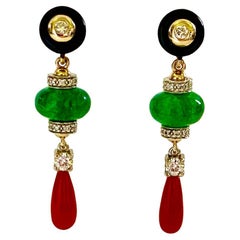 Michael Kneebone Red Coral Diamond Emerald Black Onyx Dangle Earrings