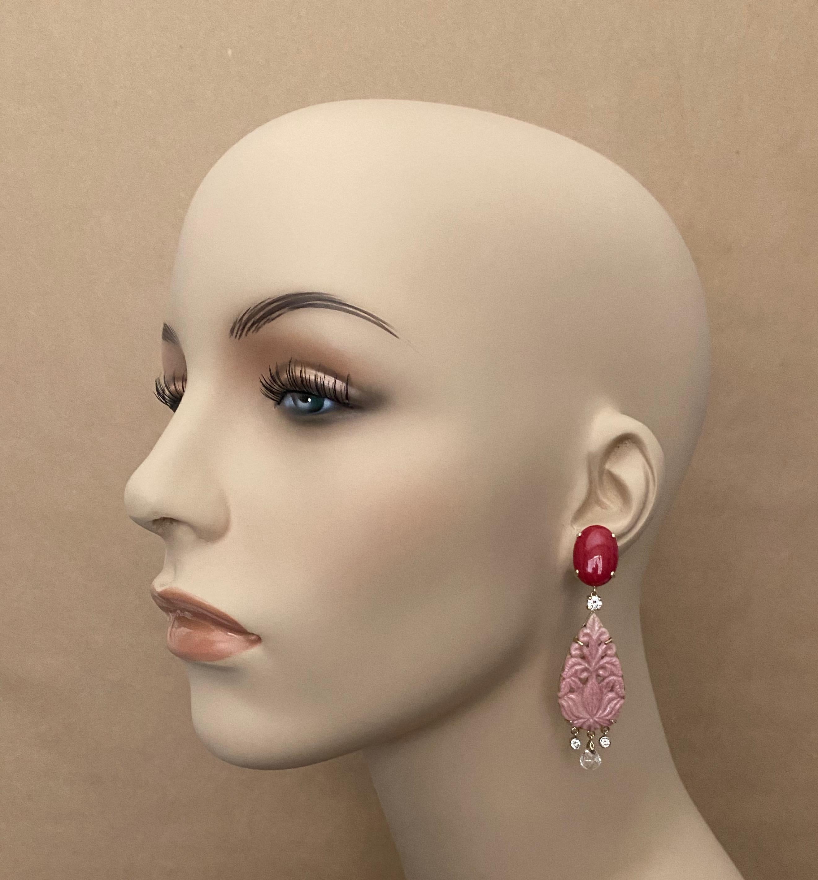 Michael Kneebone Red Coral Diamond Rock Crystal Rosaline Dangle Earrings For Sale 3