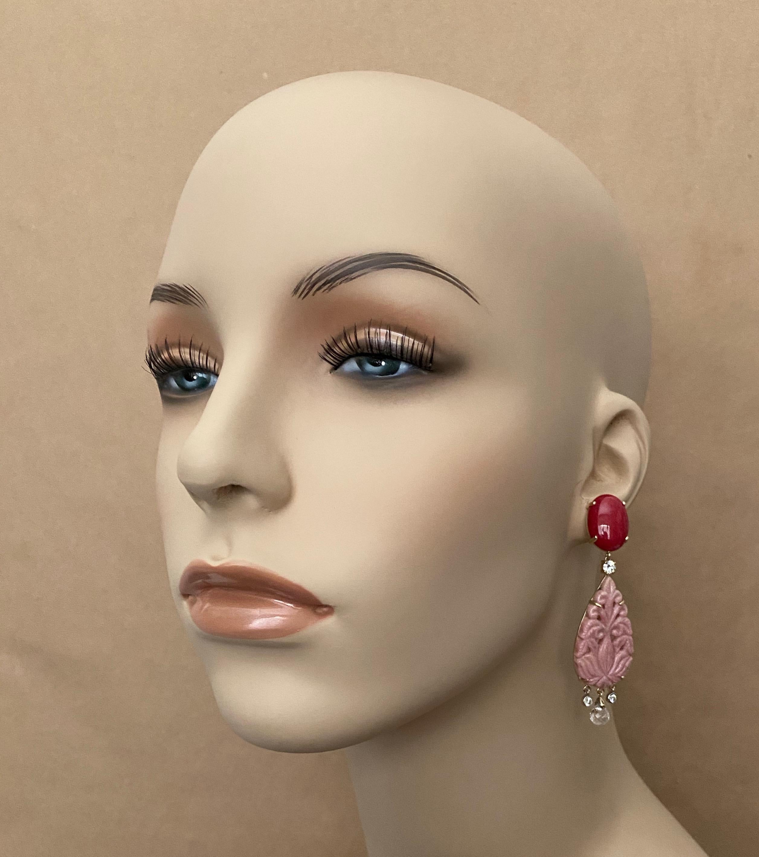 Contemporary Michael Kneebone Red Coral Diamond Rock Crystal Rosaline Dangle Earrings For Sale