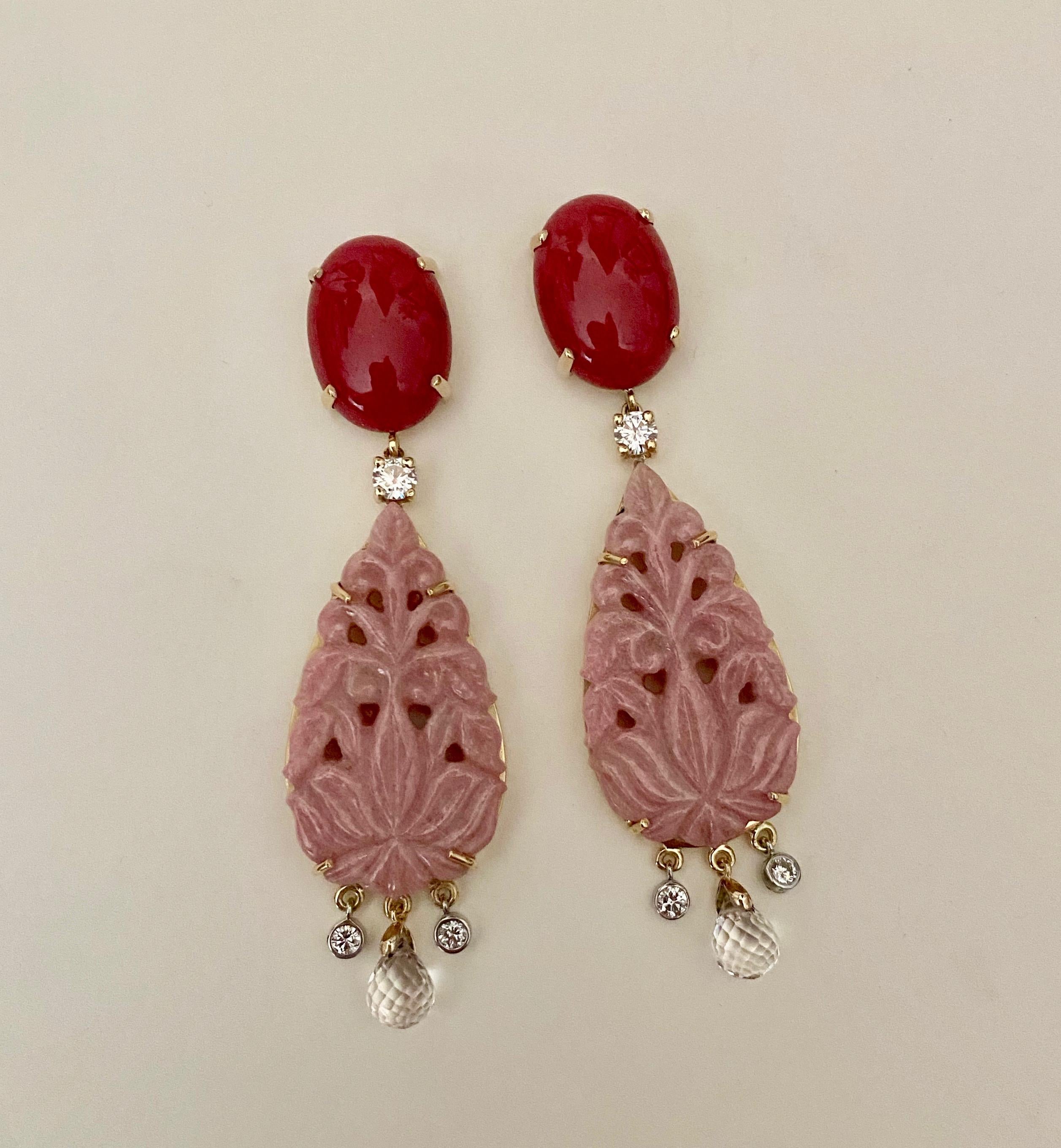 Contemporary Michael Kneebone Red Coral Diamond Rock Crystal Rosaline Dangle Earrings For Sale